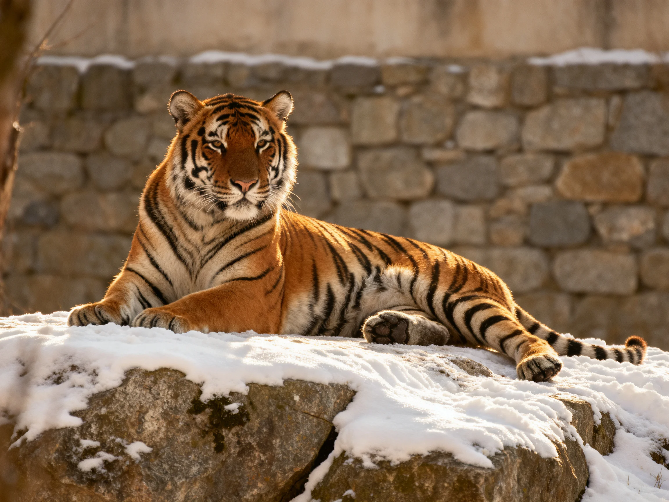 A majestic tiger rests on a snow-dusted rock near a stone wall