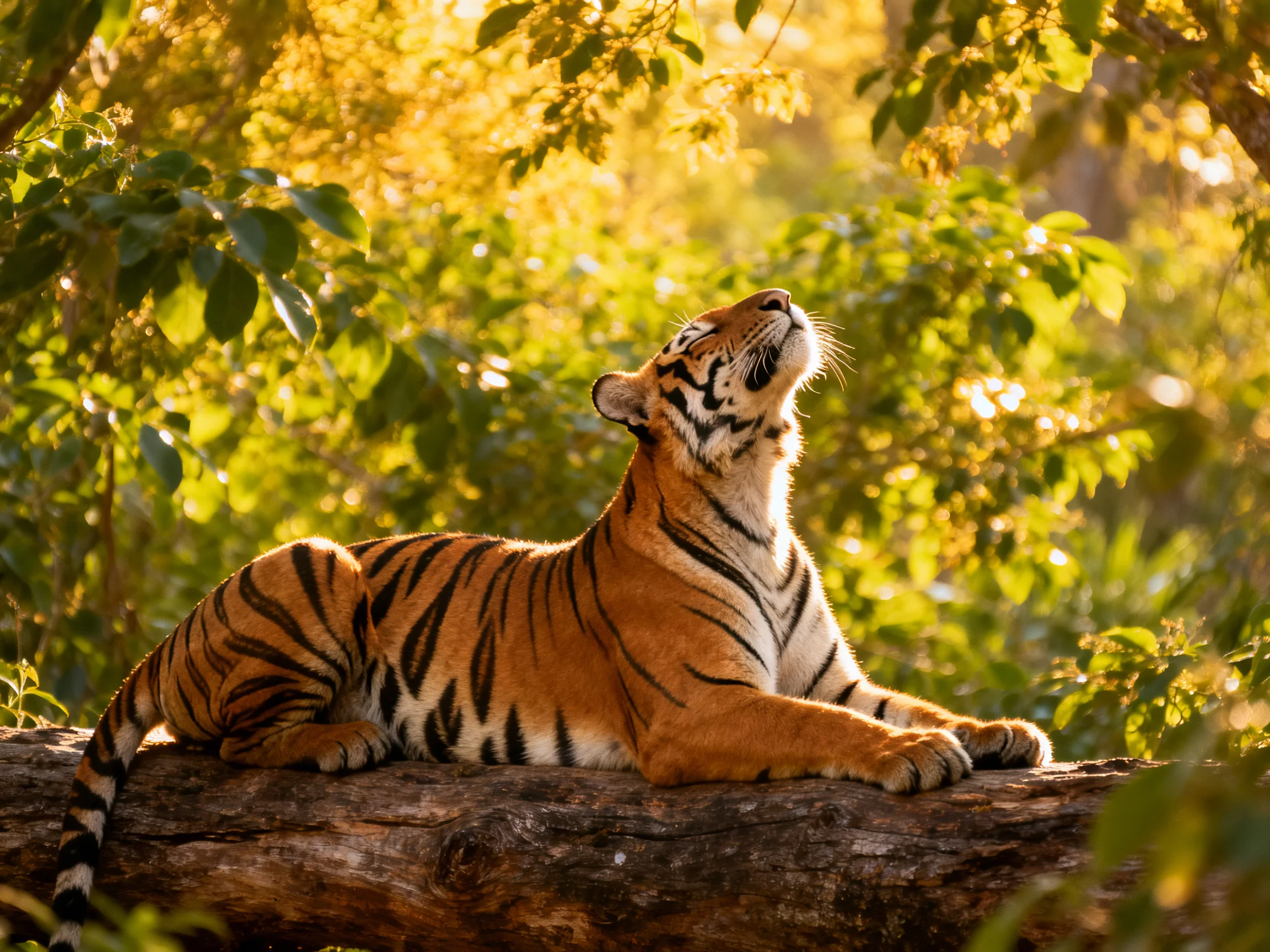 A tiger relaxes on a log surrounded by dense greenery in a sunlit forest.
