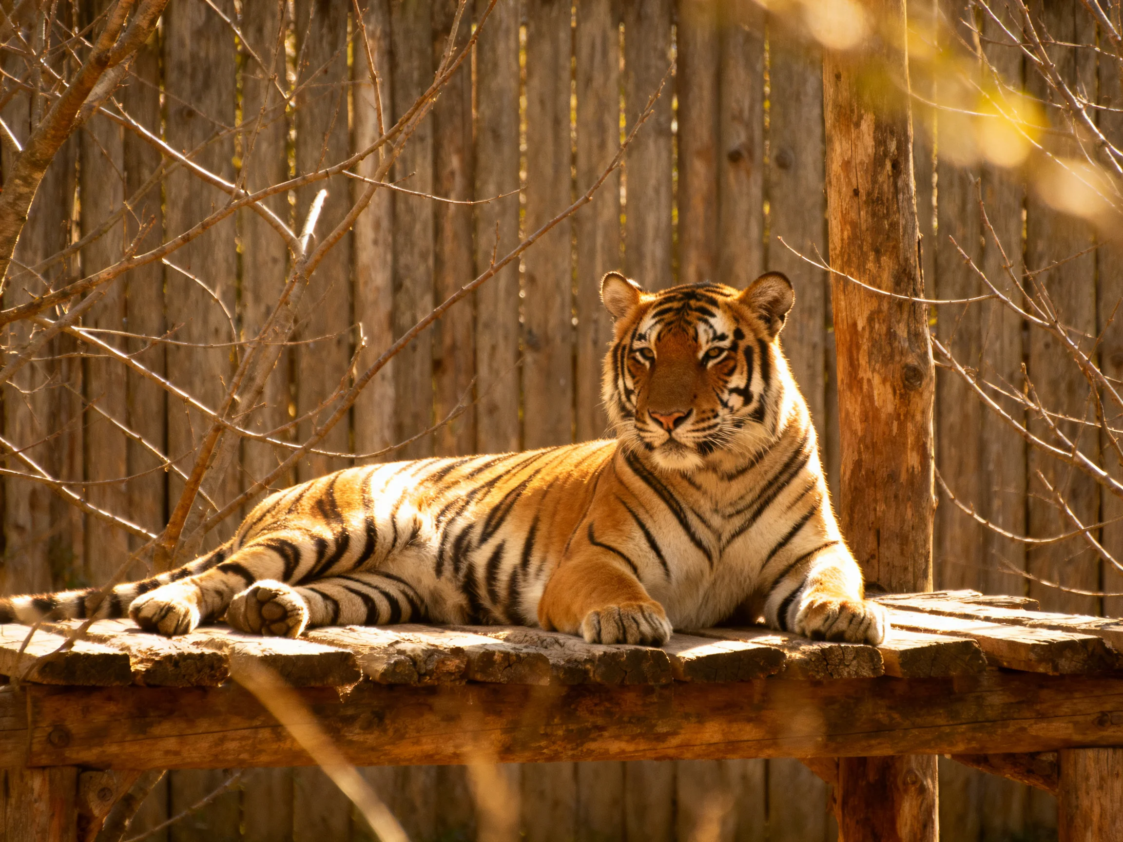 A tiger lies calmly on a wooden structure beside a wooden fence.