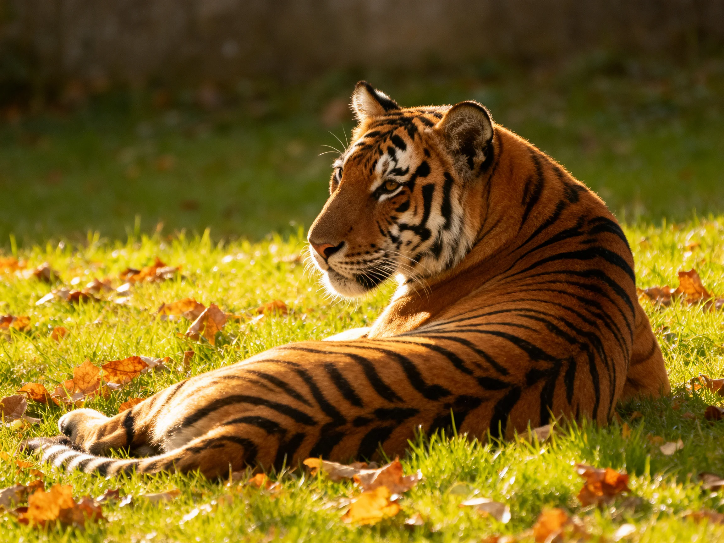 A tiger relaxes on grass surrounded by fallen autumn leaves.