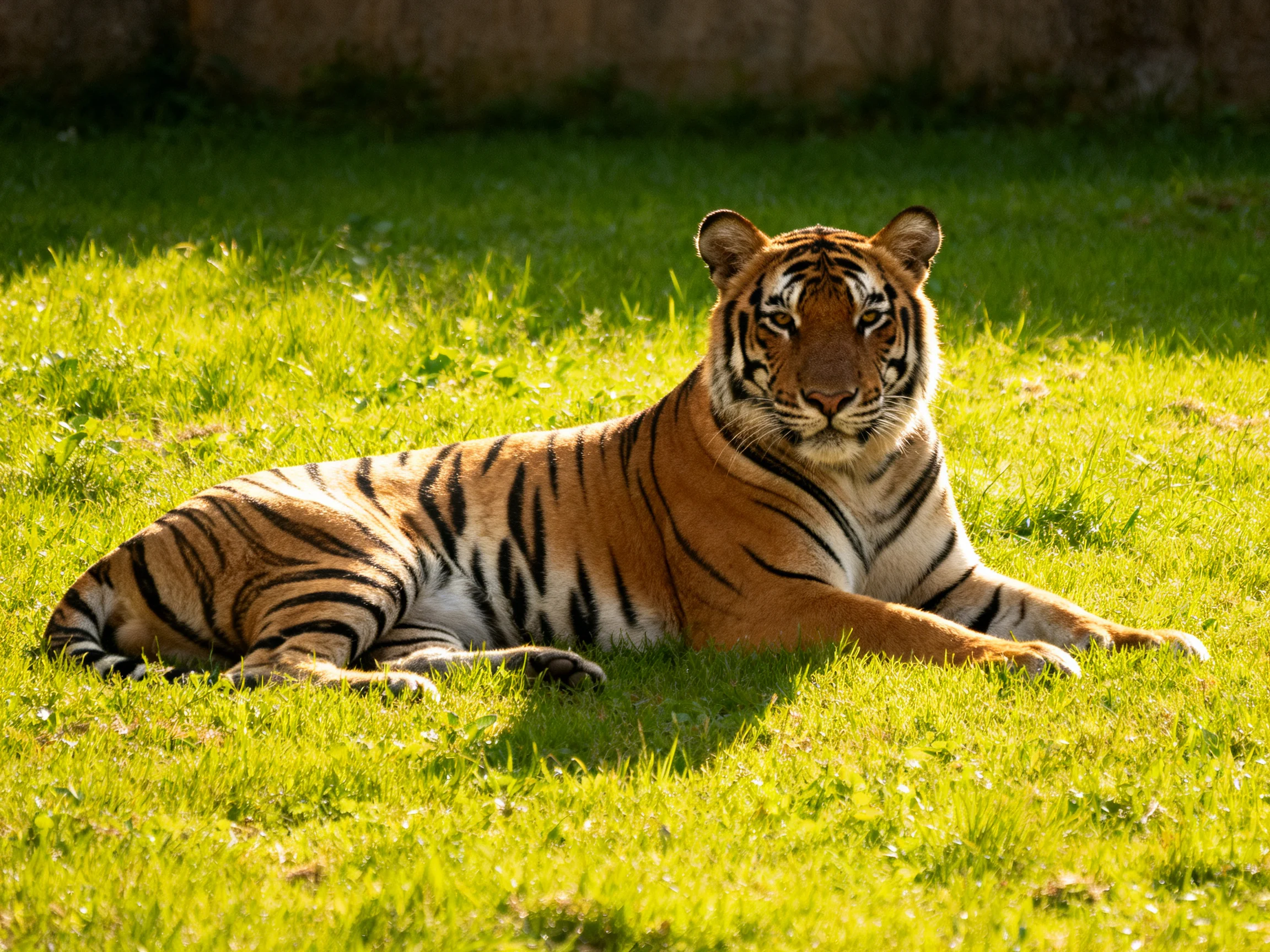 A tiger reclines on green grass in a sunlit area.