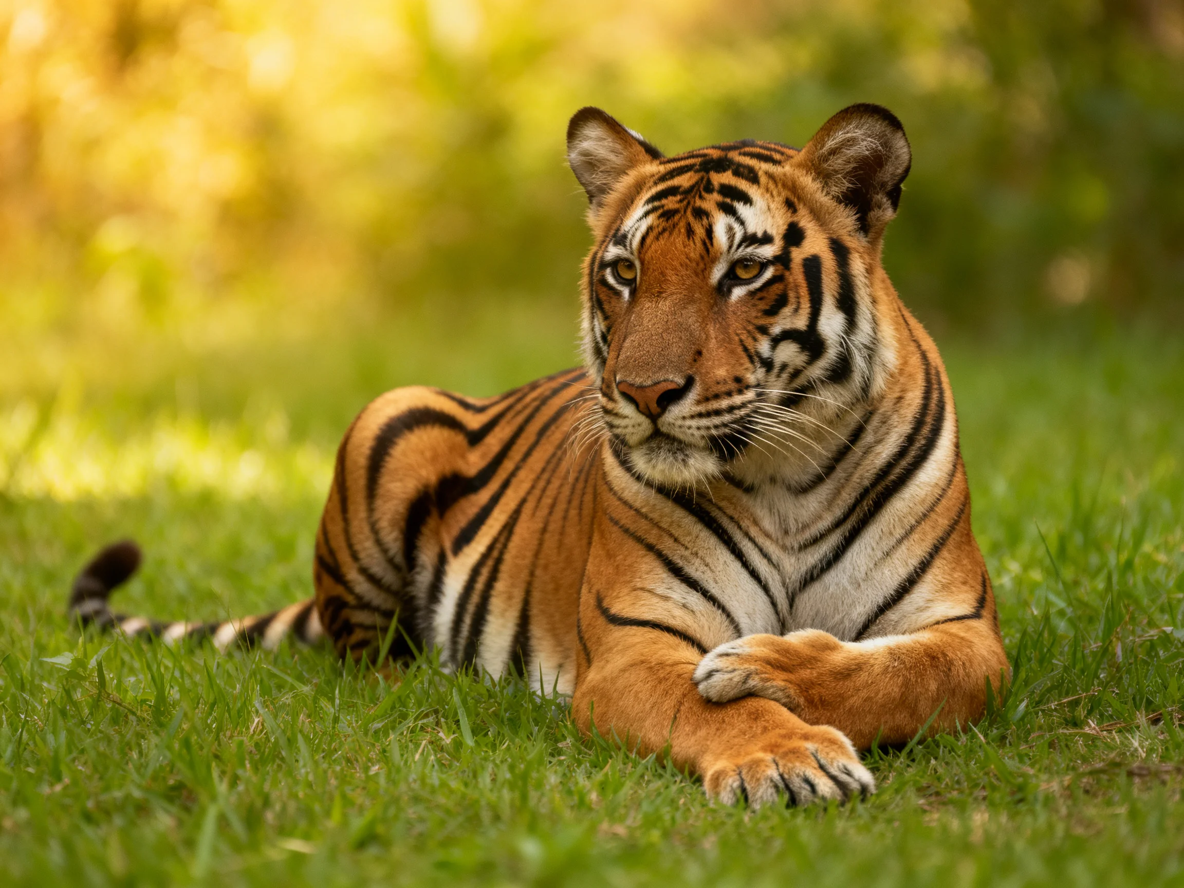 A tiger lies calmly on green grass in a sunlit natural setting.
