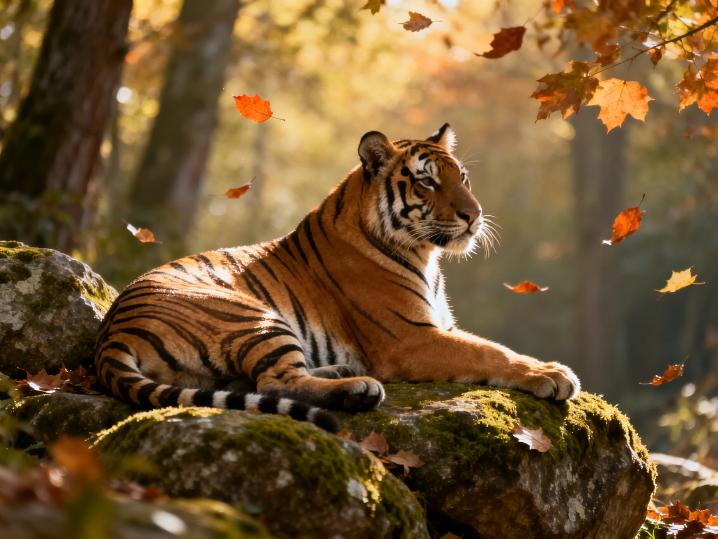 A tiger relaxes on mossy rocks in a sunlit autumn forest with falling leaves