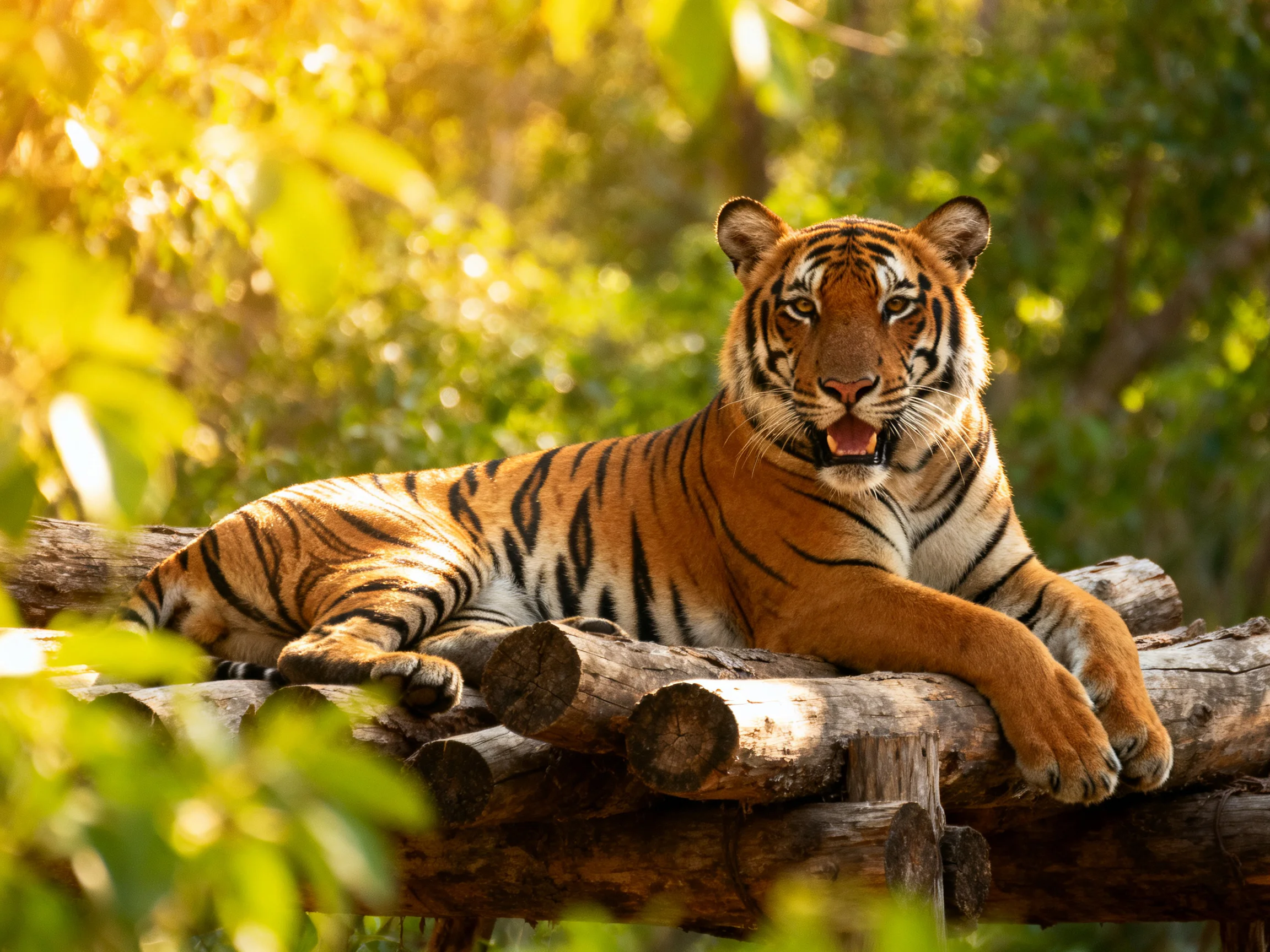 A tiger relaxes on wooden logs surrounded by greenery in a sunlit environment.