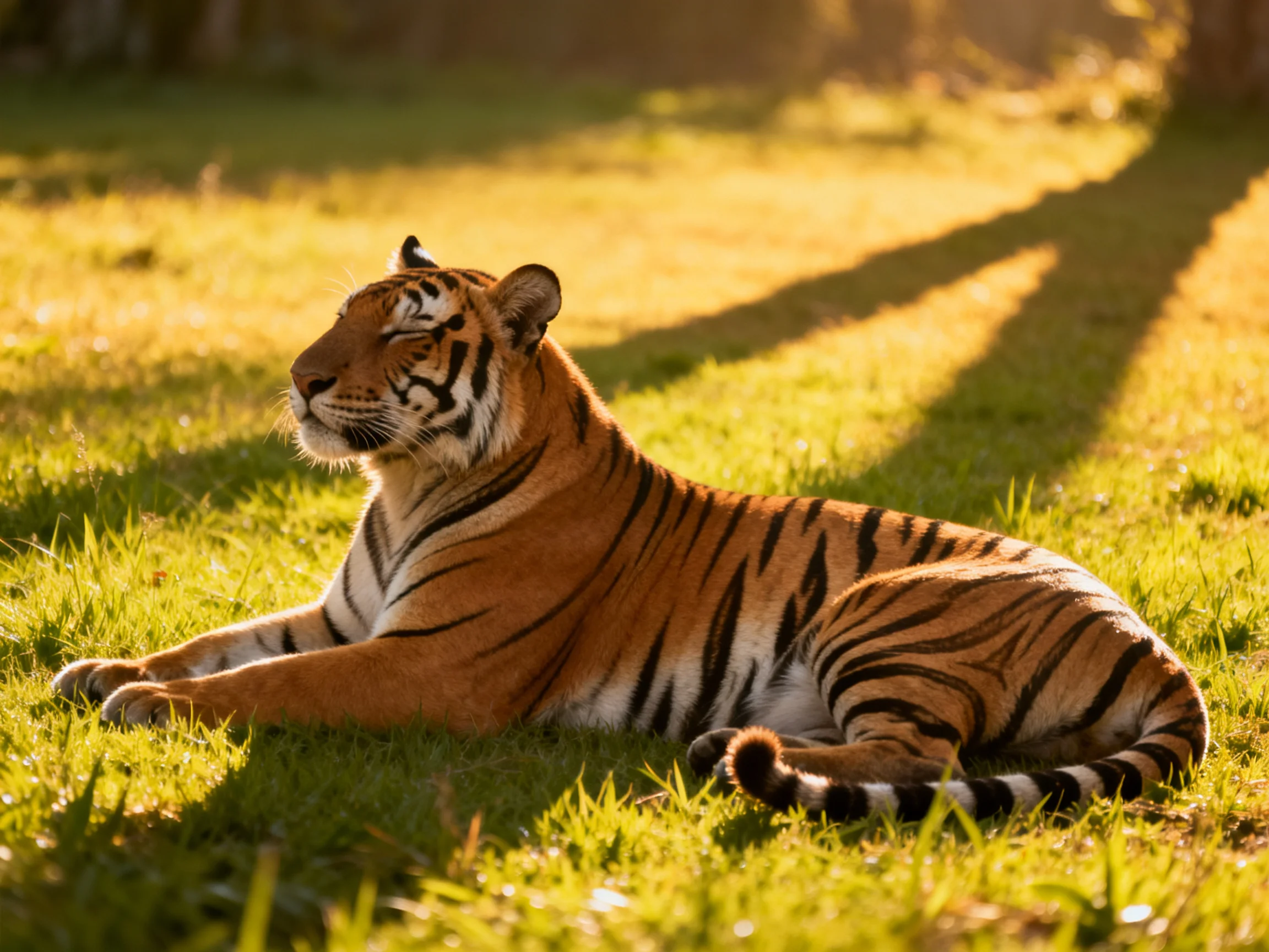 A majestic tiger rests on sun-drenched green grass with goldenshadows