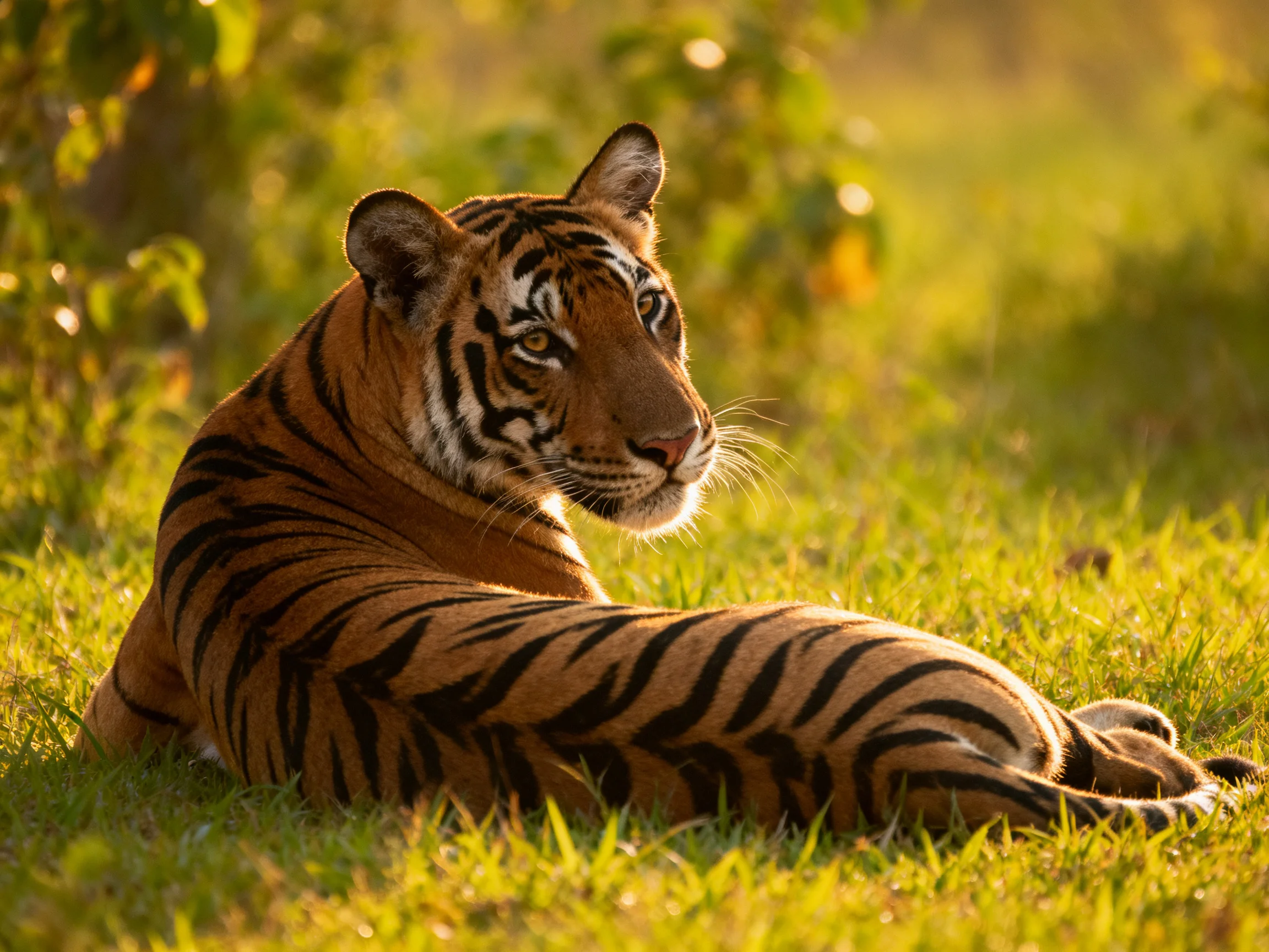 A majestic tiger rests on sun-kissed green grass with bold black stripes