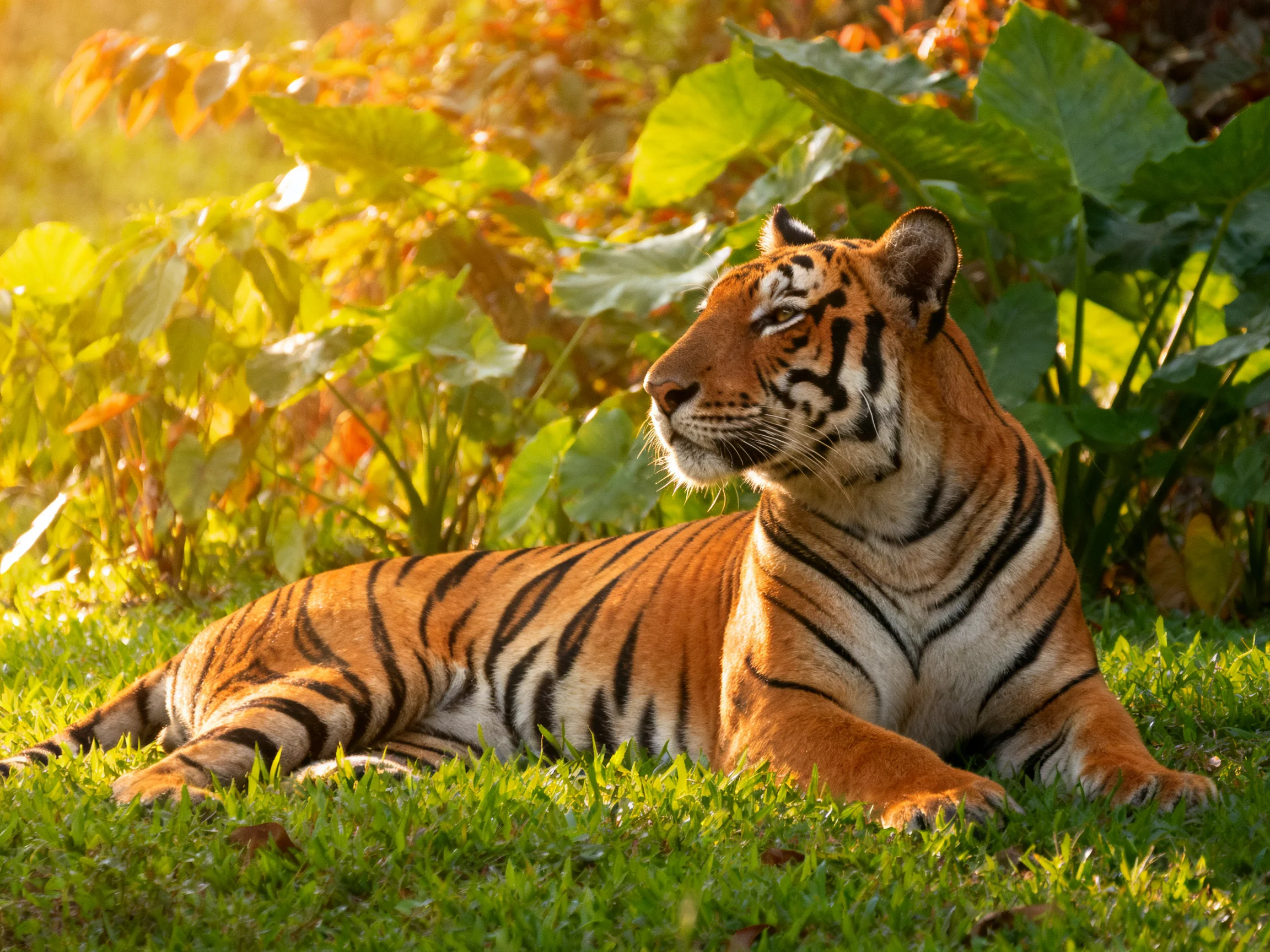 A tiger relaxes on green grass surrounded by dense vegetation