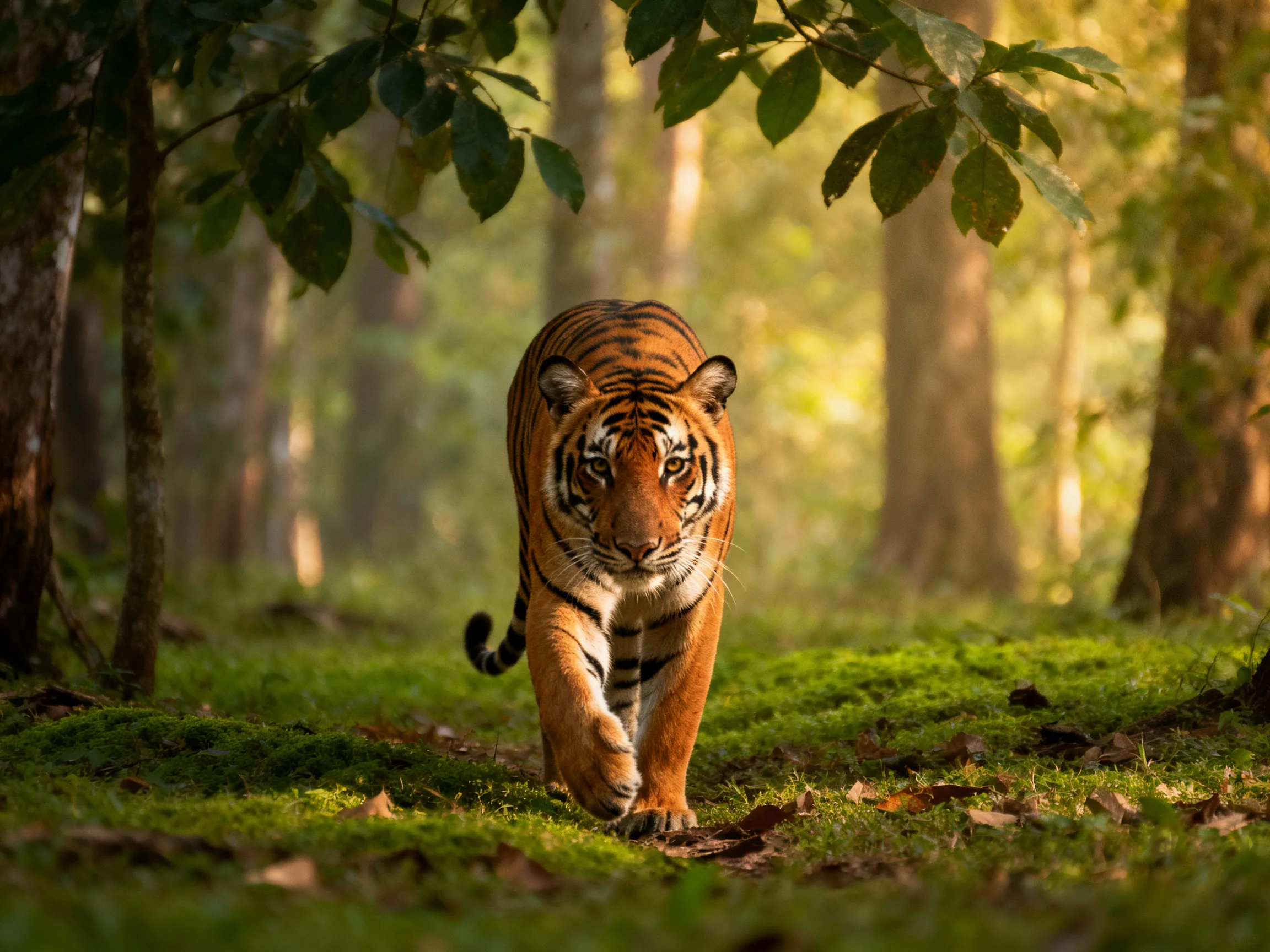 A tiger moves forward in a sun-dappled, mossy forest setting.