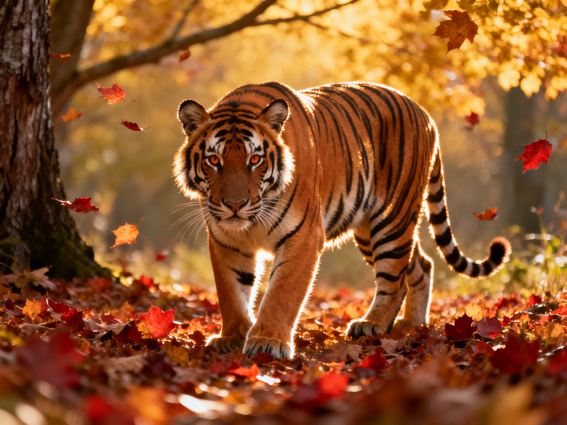 A tiger navigates a forest filled with colorful autumn leaves in golden-hour light