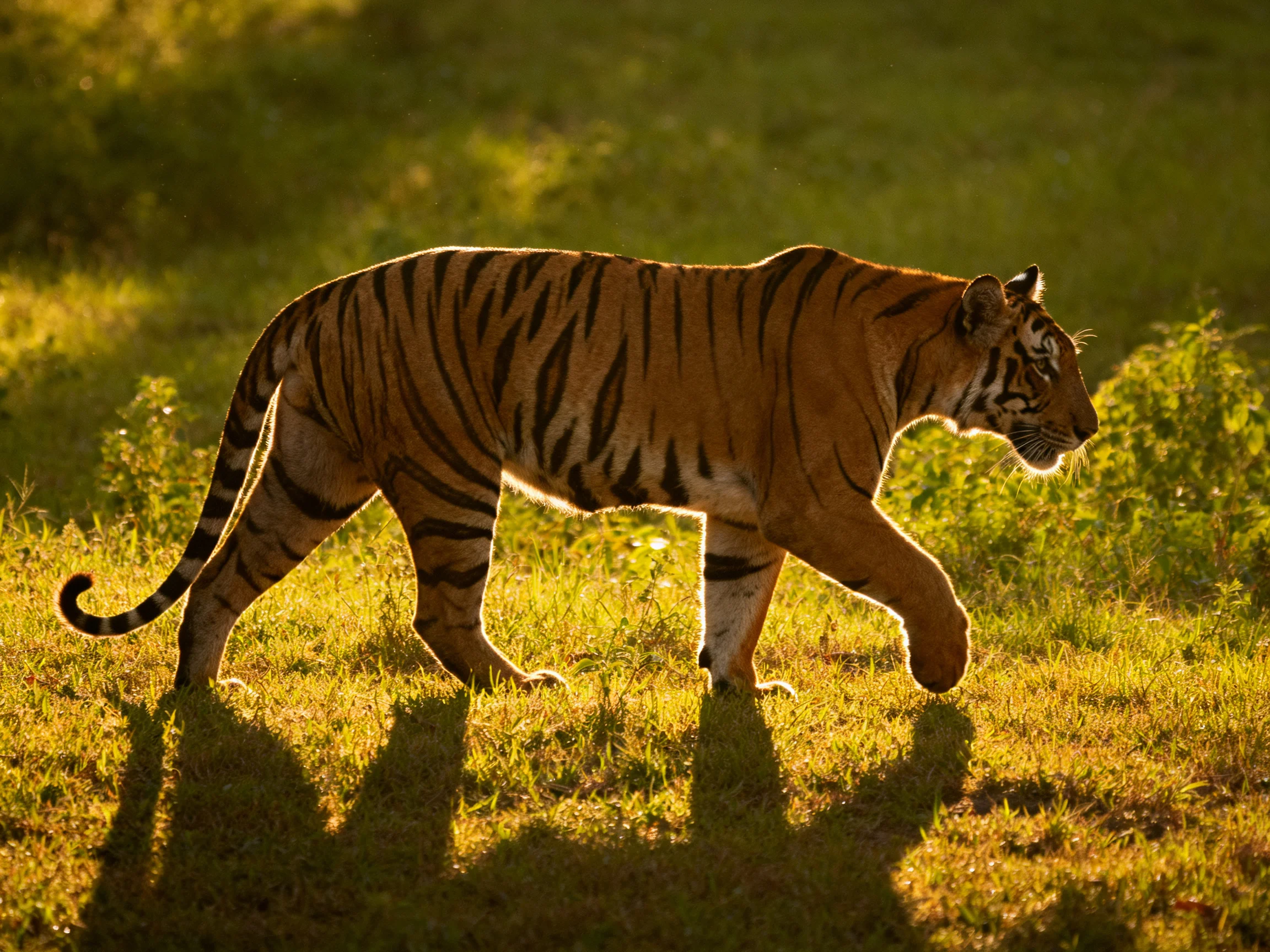A tiger traverses sunlit grassland with ease