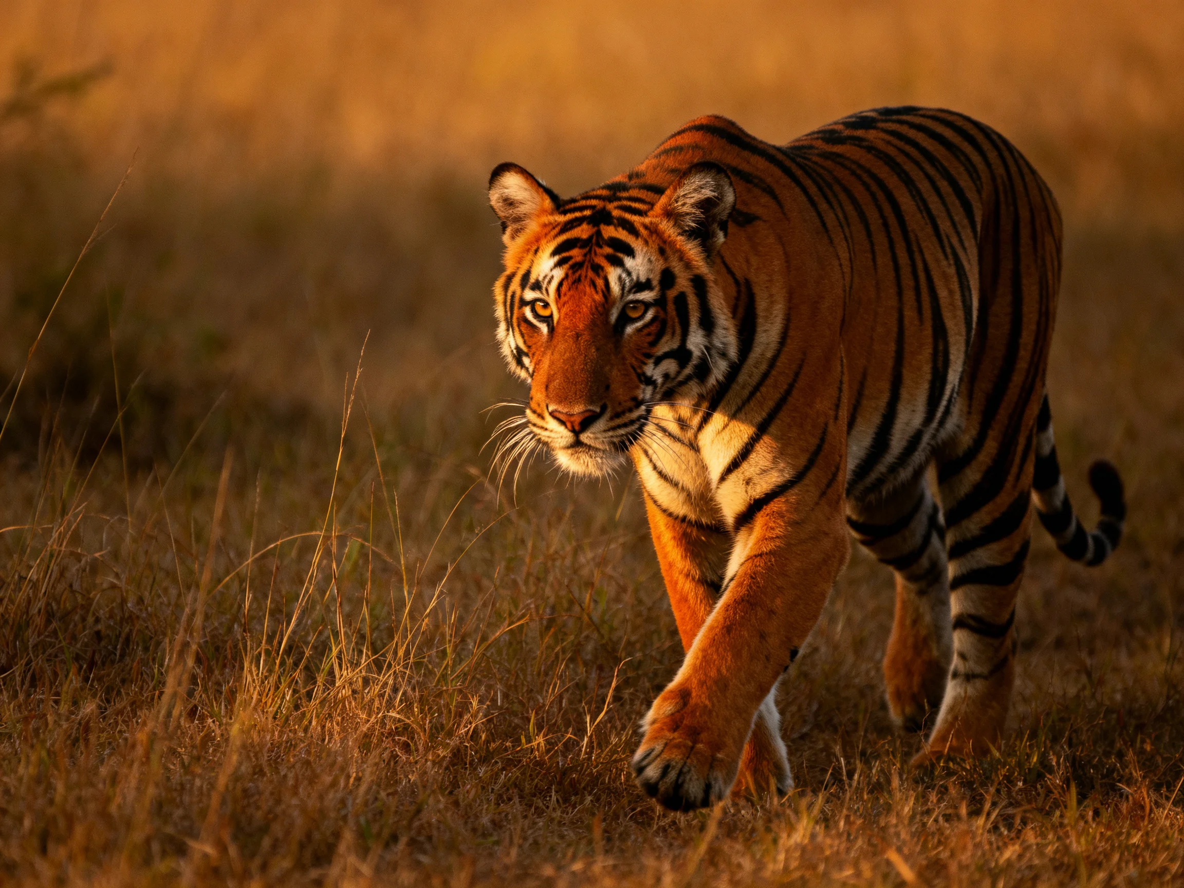A tiger walks purposefully through golden grass in a sunlit setting.
