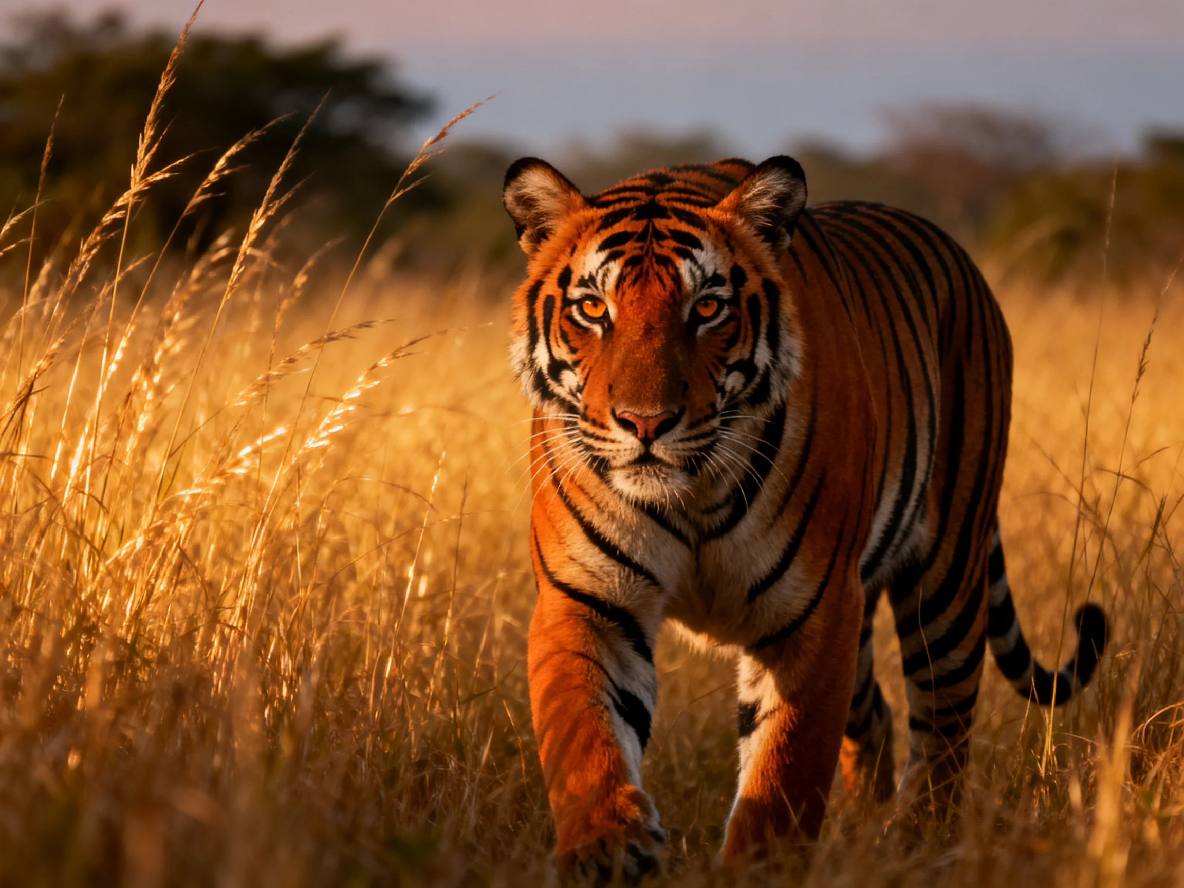 A tiger walks through tall golden grass in a sunlit landscape.