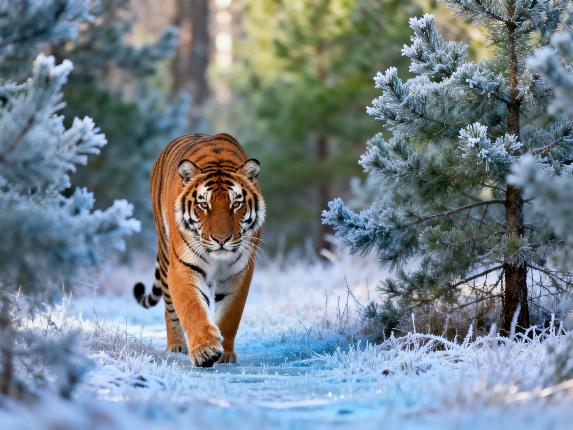 A tiger traverses a snow-draped, frosty forest landscape.
