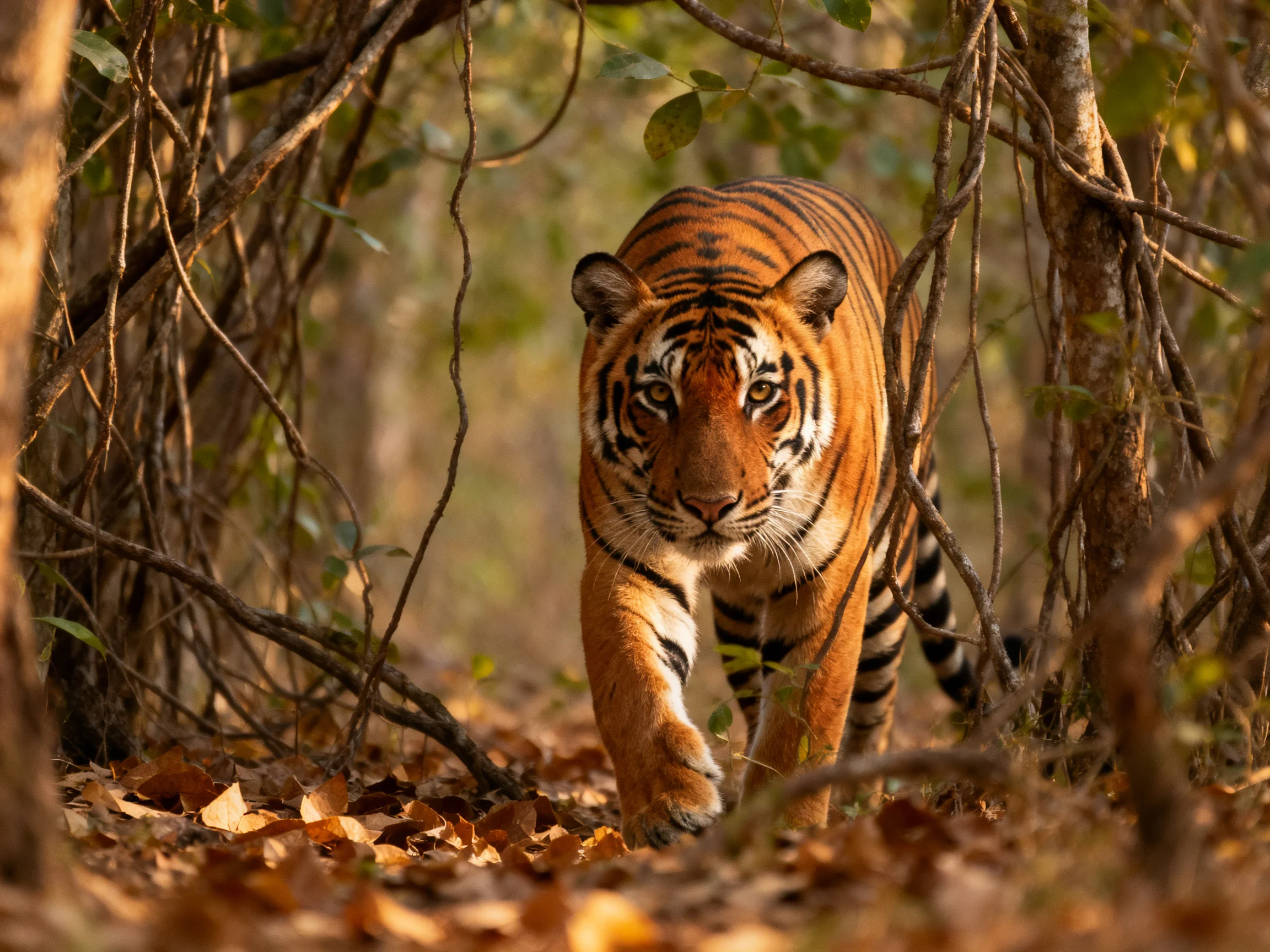 A tiger moves cautiously through a forest filled with tangled branches and fallen leaves.