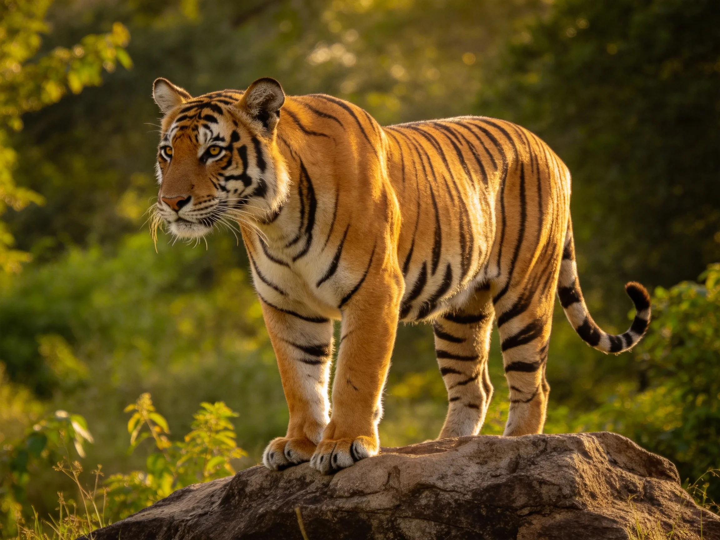 A tiger stands alertly on a rock surrounded by dense green vegetation.