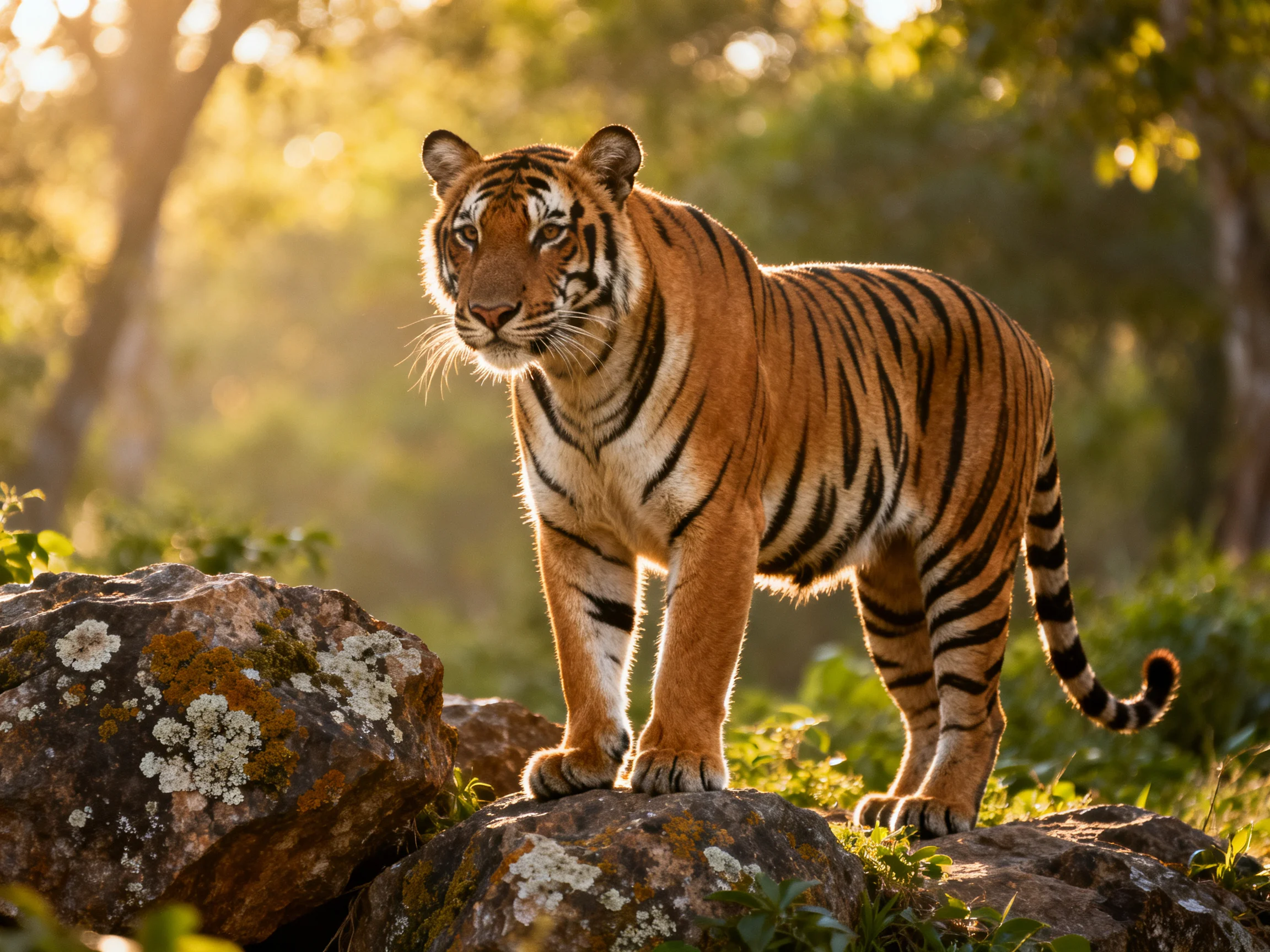A majestic tiger stands atop moss-covered rocks in a sunlit forest