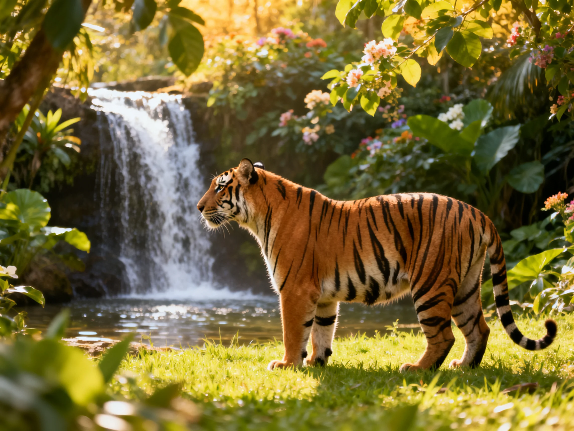 A tiger stands by a waterfall in a lush, flower-filled jungle.