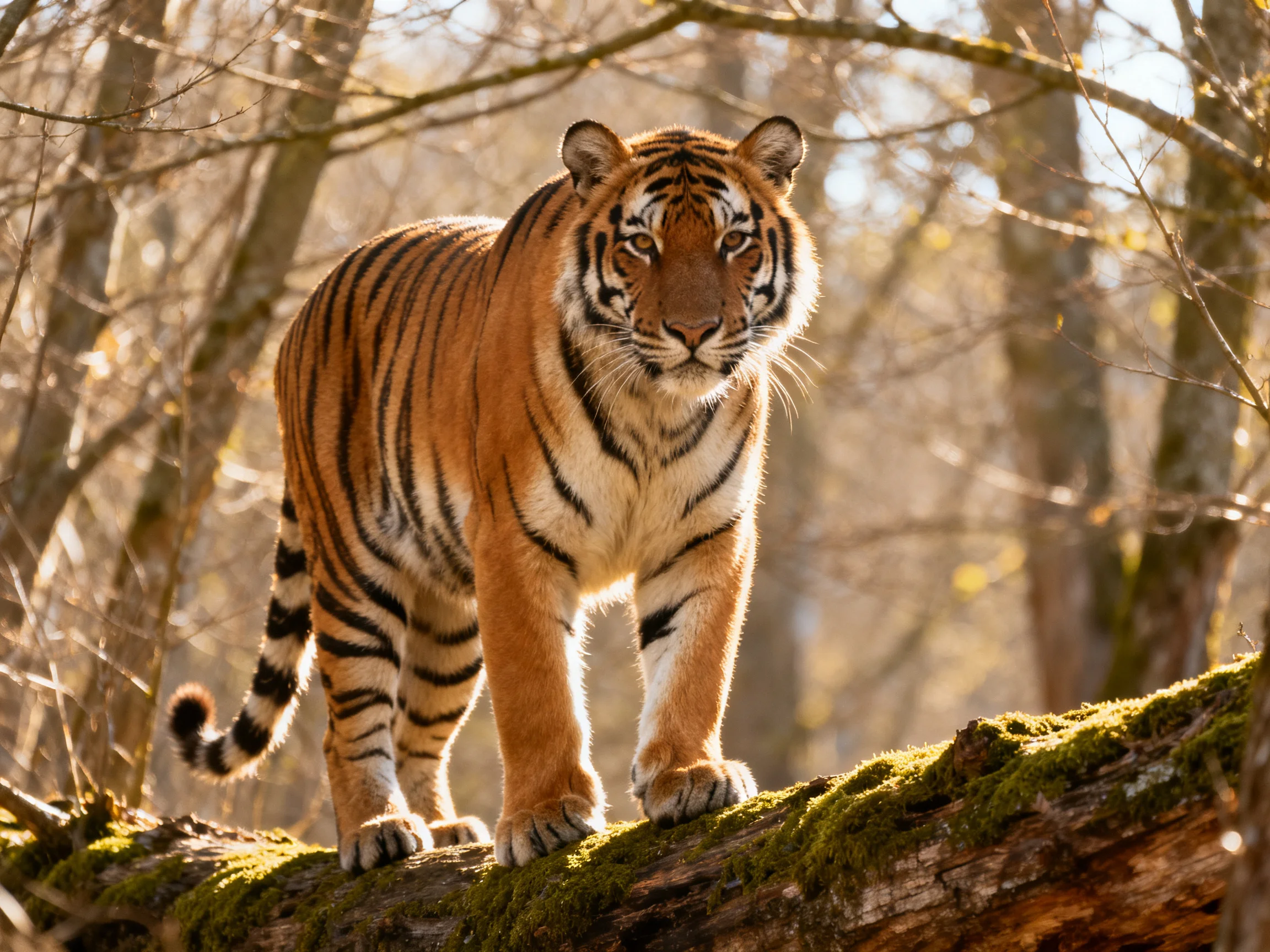 A majestic tiger stands on a moss-covered fallen tree trunk in a sunlit forest
