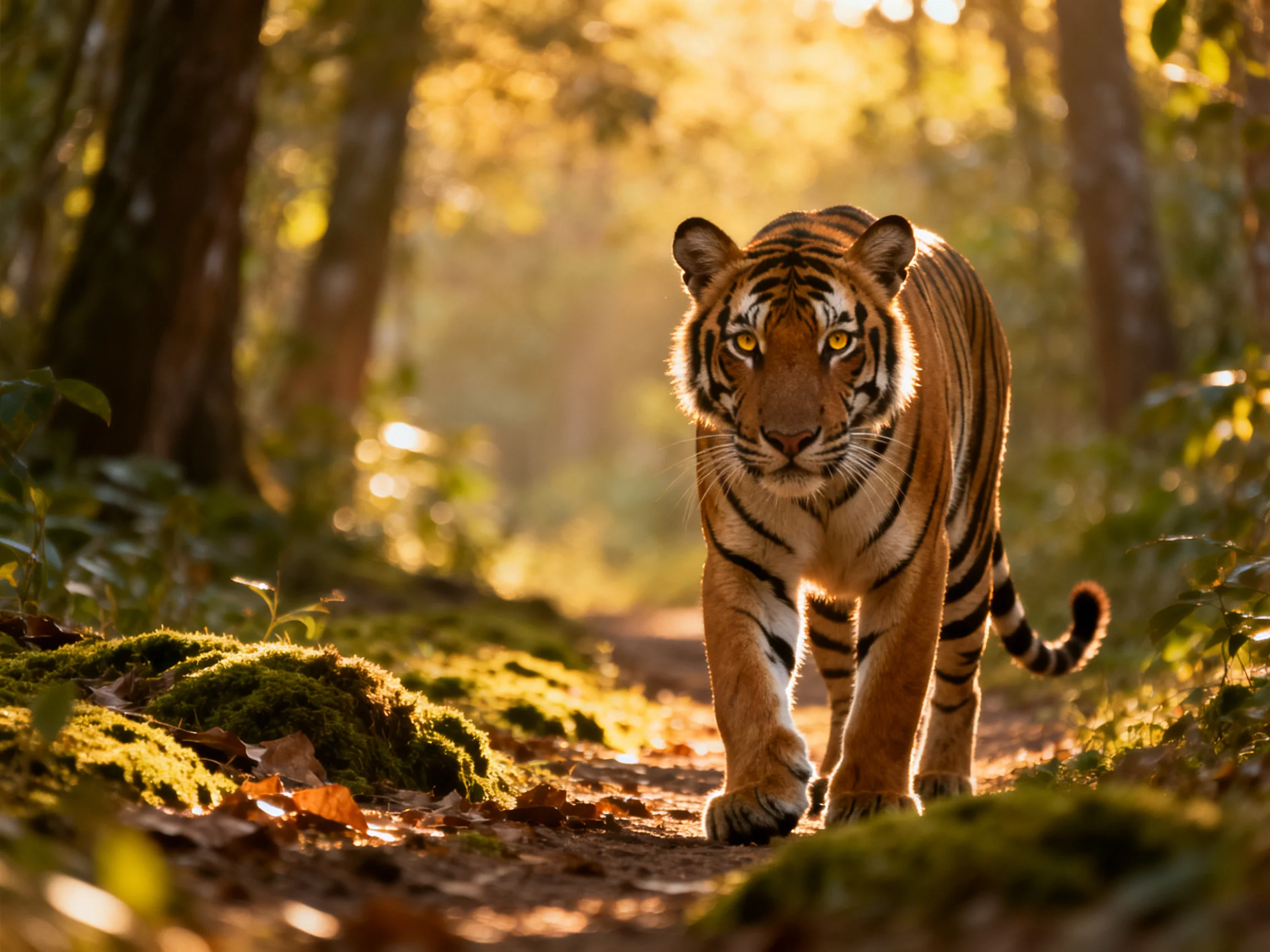 A tiger traverses a sunlit forest path amidst lush greenery.
