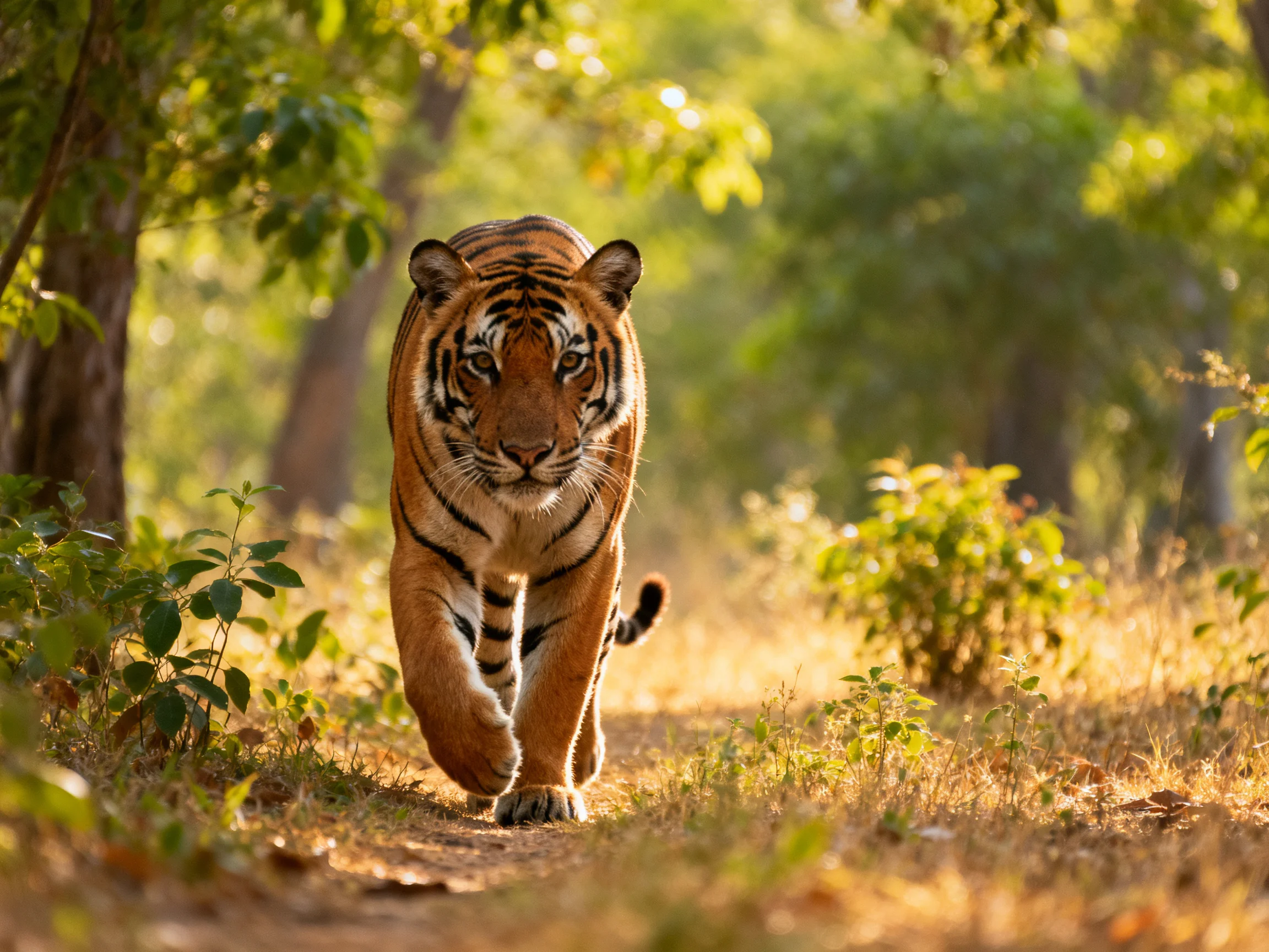 A tiger moves forward on a sunlit forest trail amid greenery.