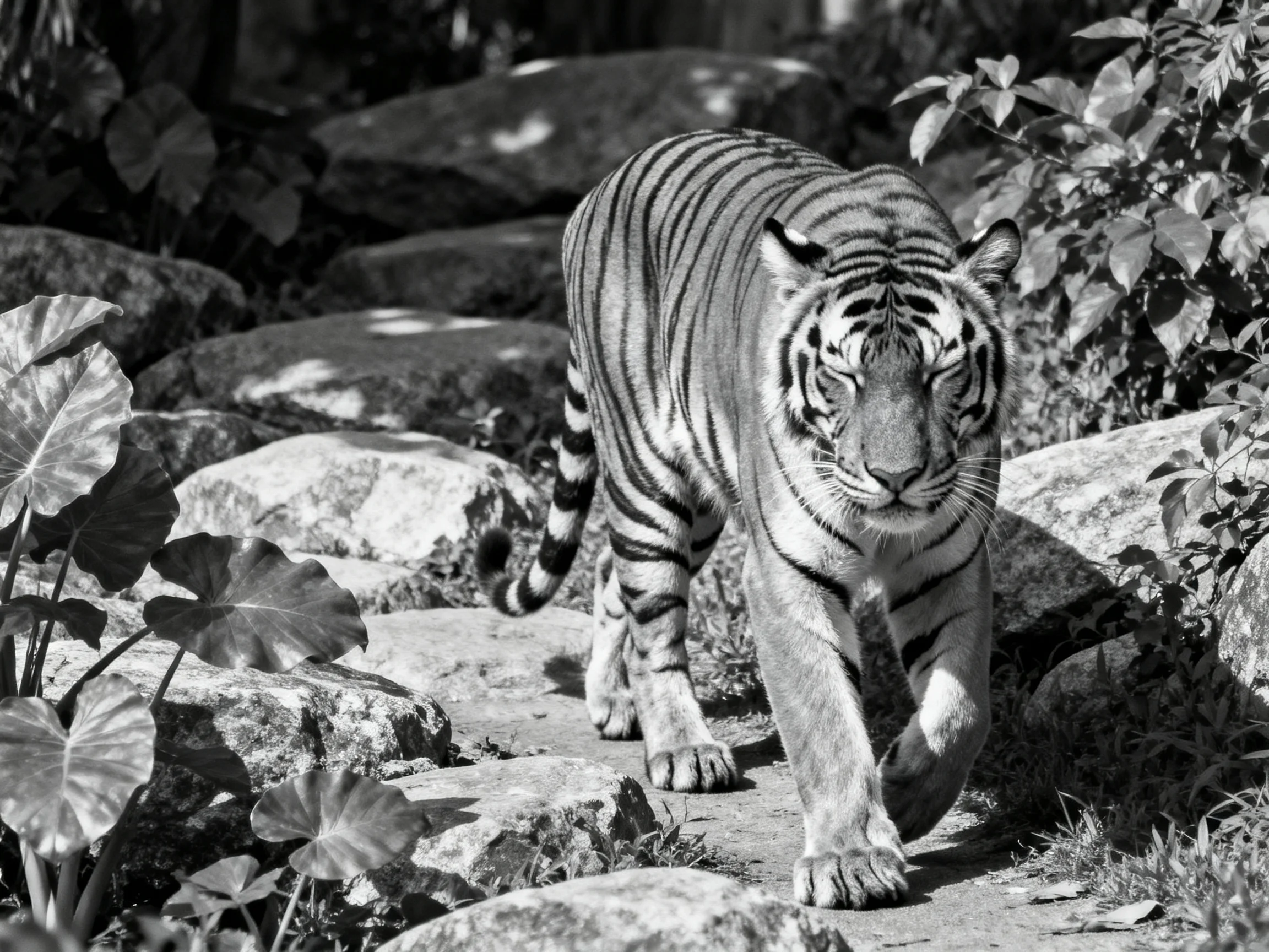 A majestic tiger walks among large rocks and leafy plants in a natural setting
