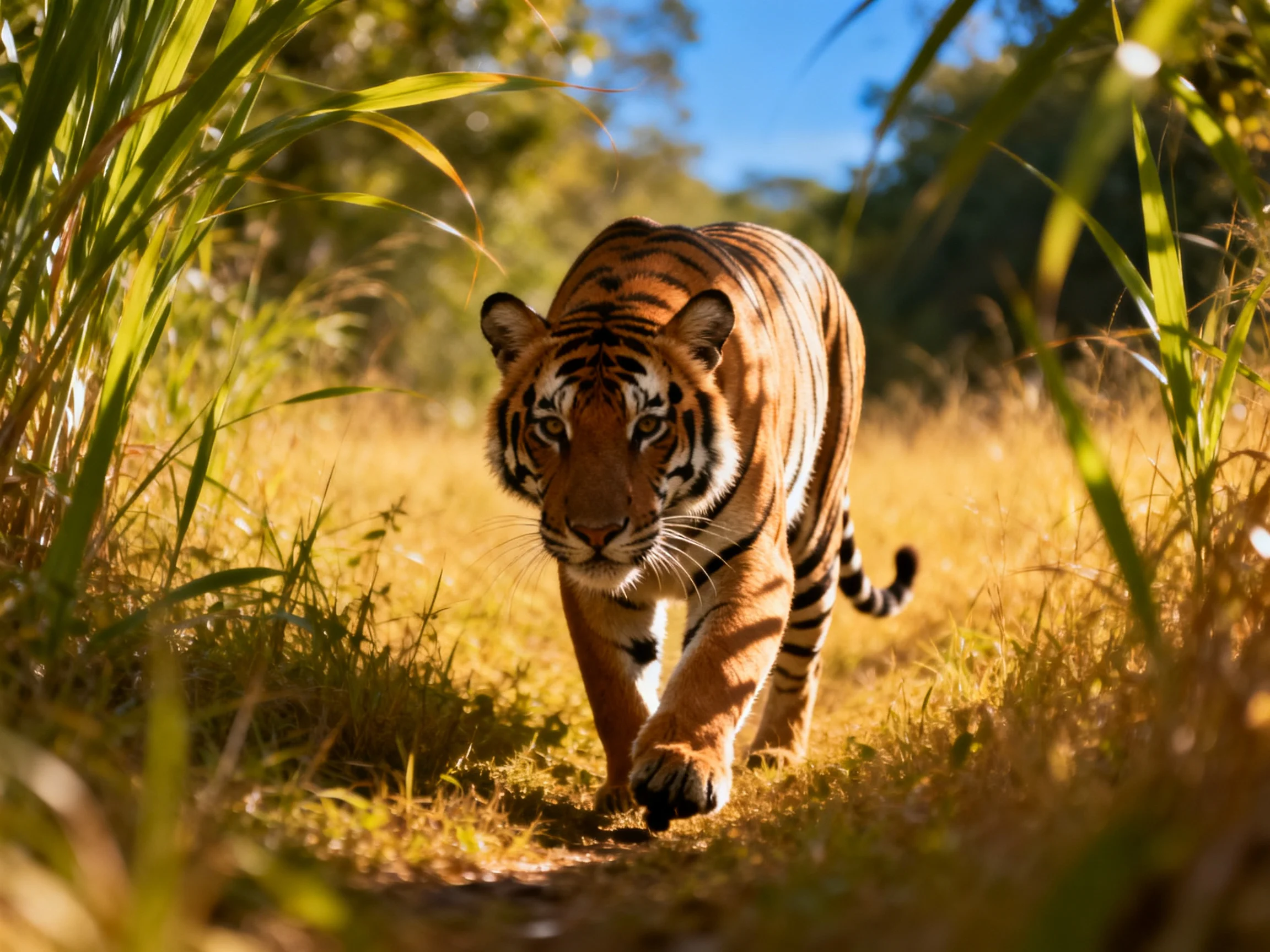 A tiger moves through tall grass in a sunlit natural setting.