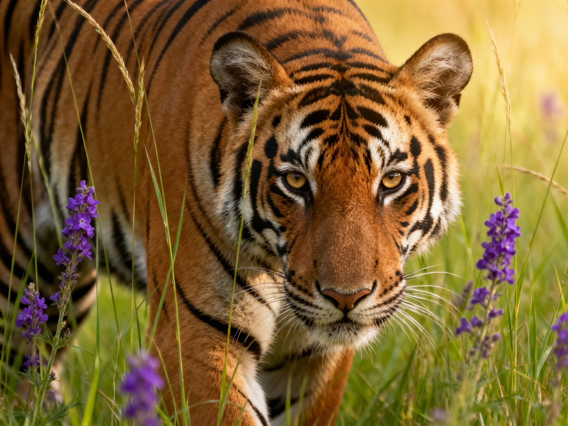 A close-up of a tiger with striking stripes moving through tall green grass and purple wildflowers.