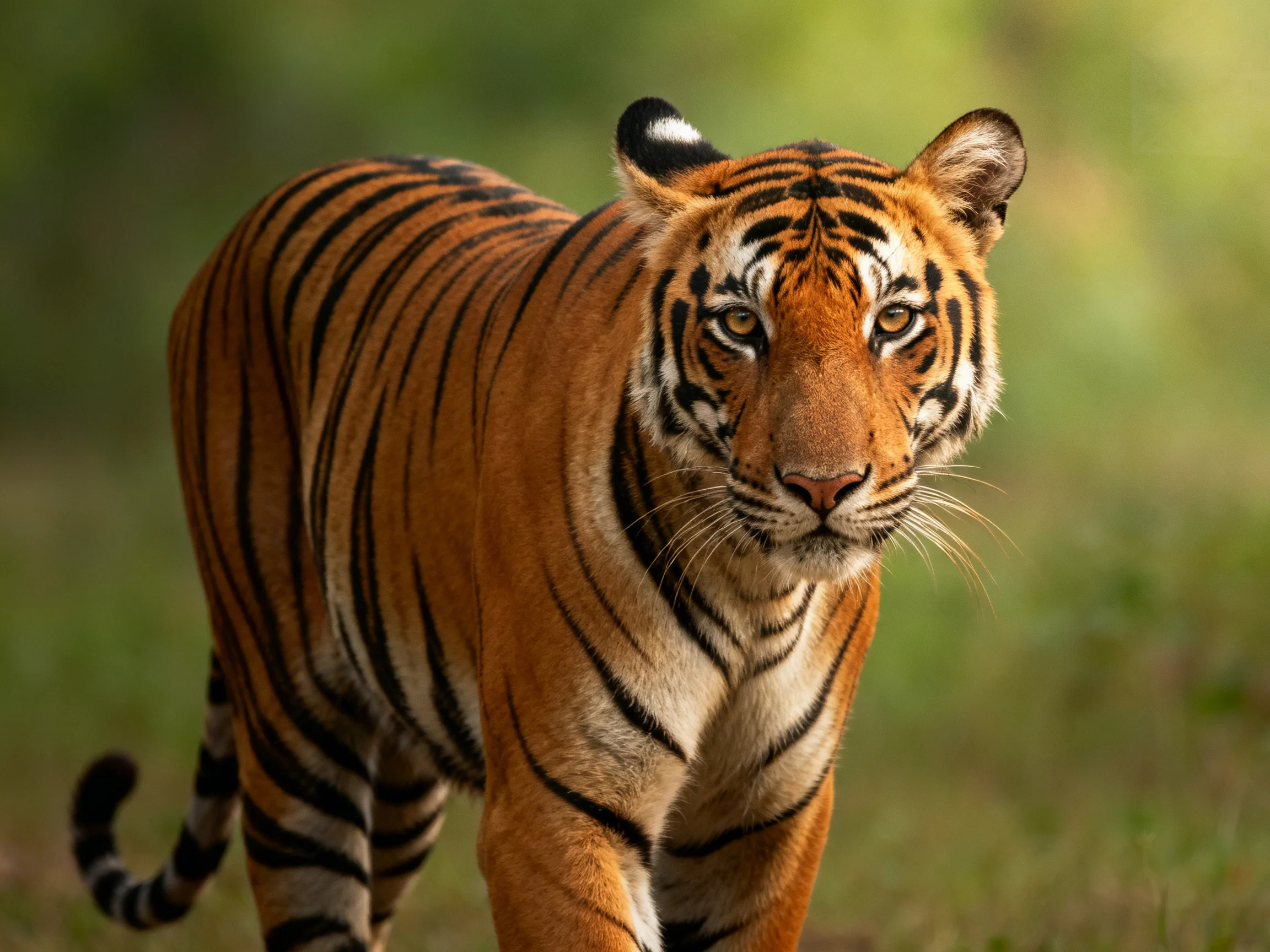 A tiger with striking orange and black markings roams through a green landscape.