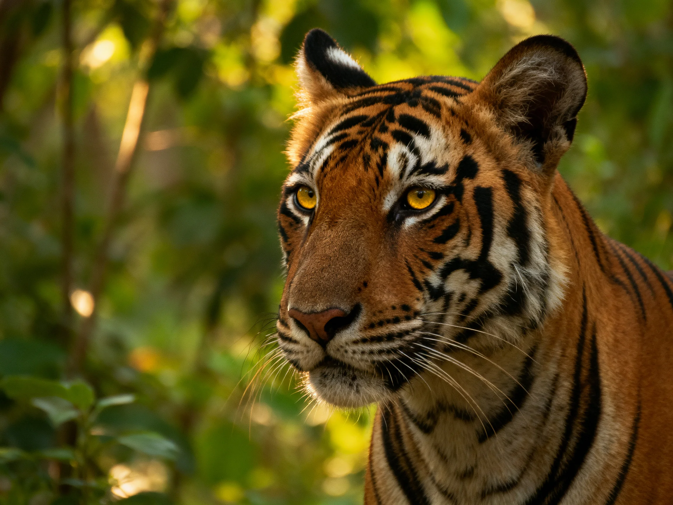 A close-up of a tiger with bright yellow eyes in a green forest.