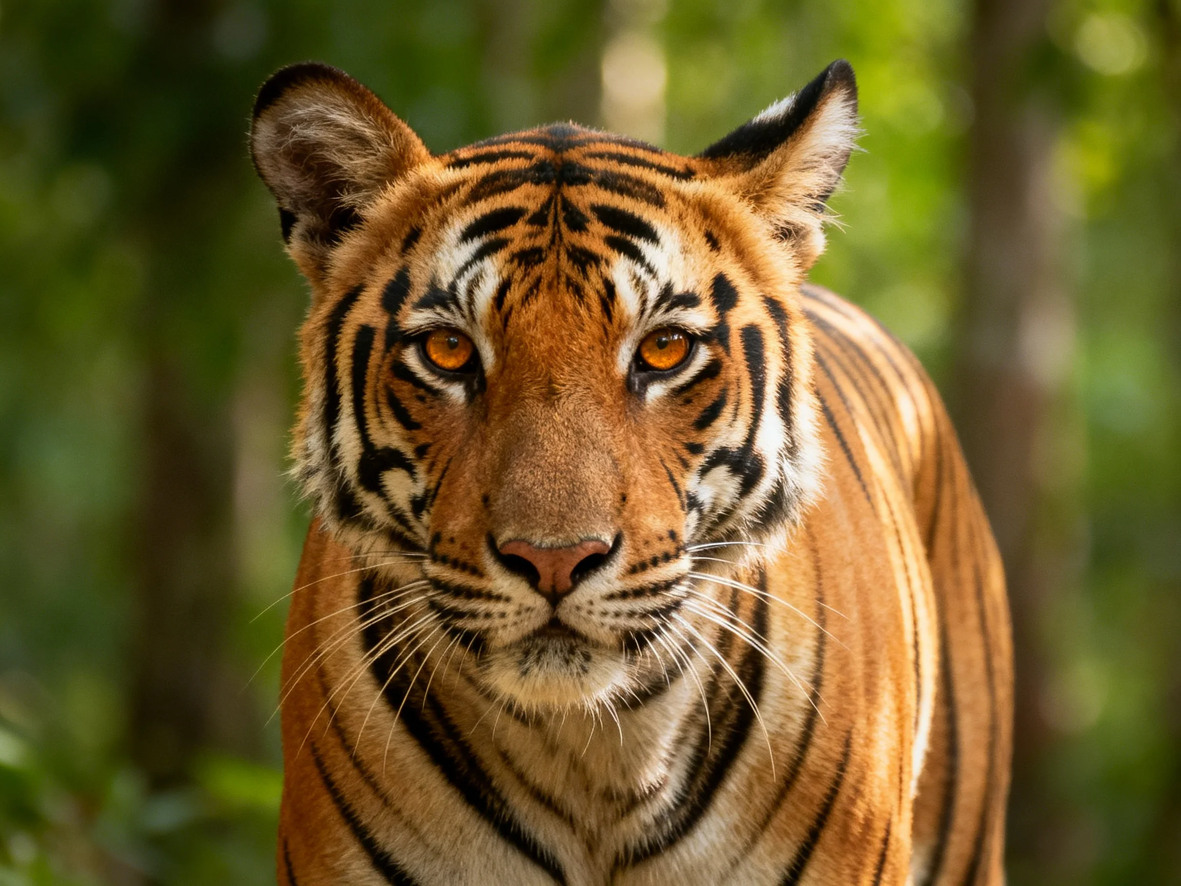 A close - up of a tiger with striking stripes amidst a blurred green forest.