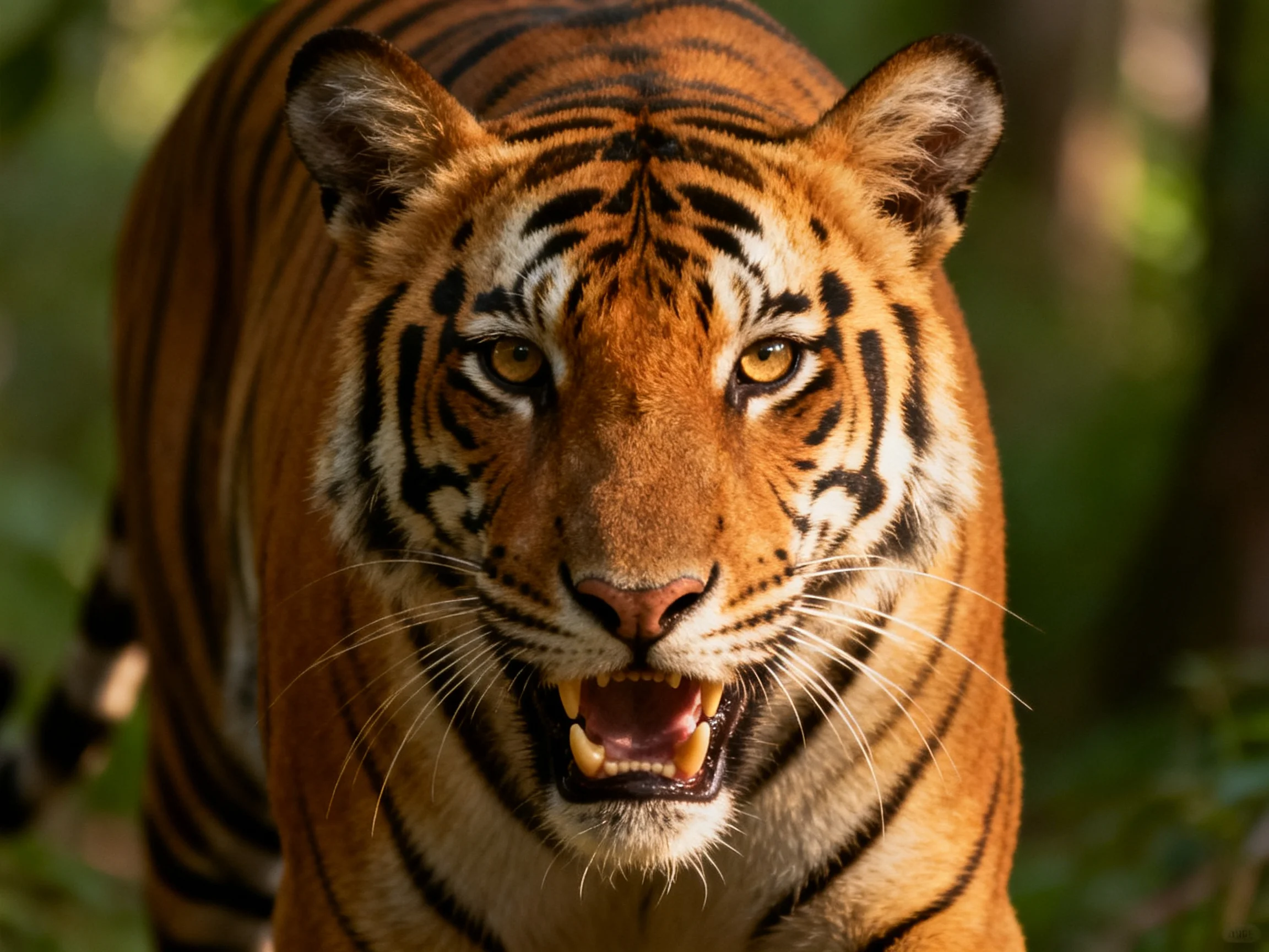 A close-up of a tiger with bold stripes in a sunlit forest environment.