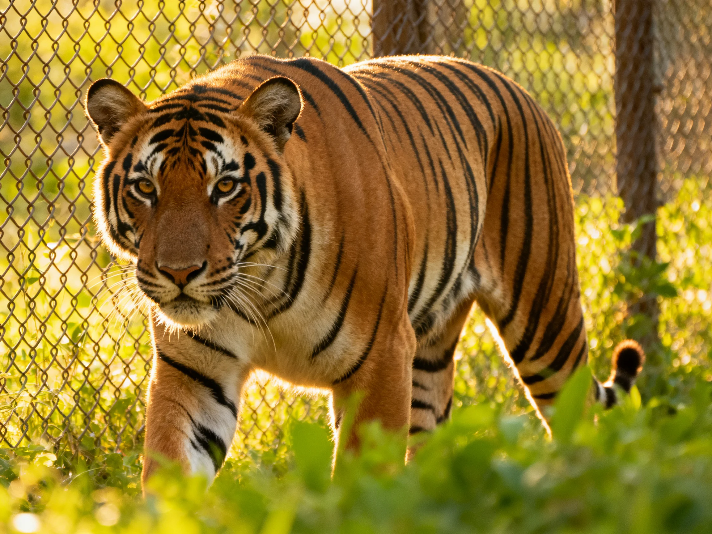 A tiger with striking black stripes walks through lush greenery near a chain-link fence.