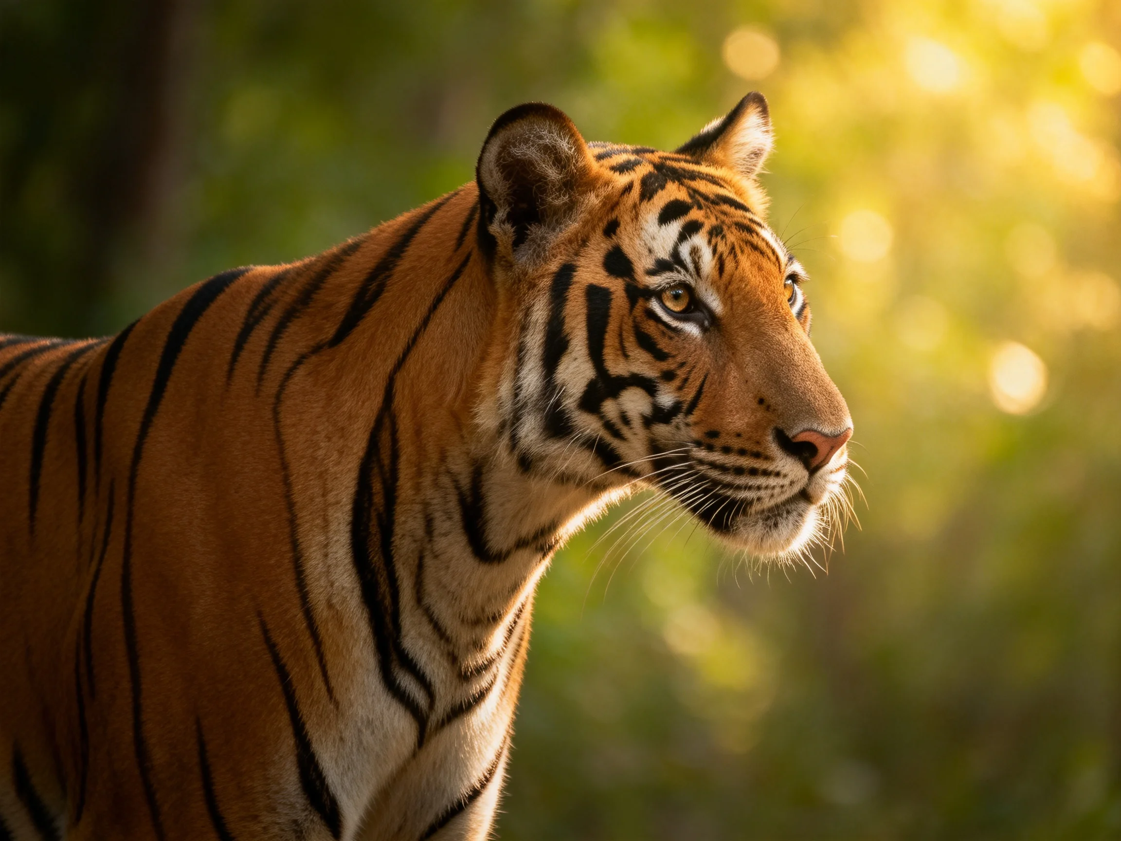 A tiger with striking black stripes stands in a sunlit forest environment.