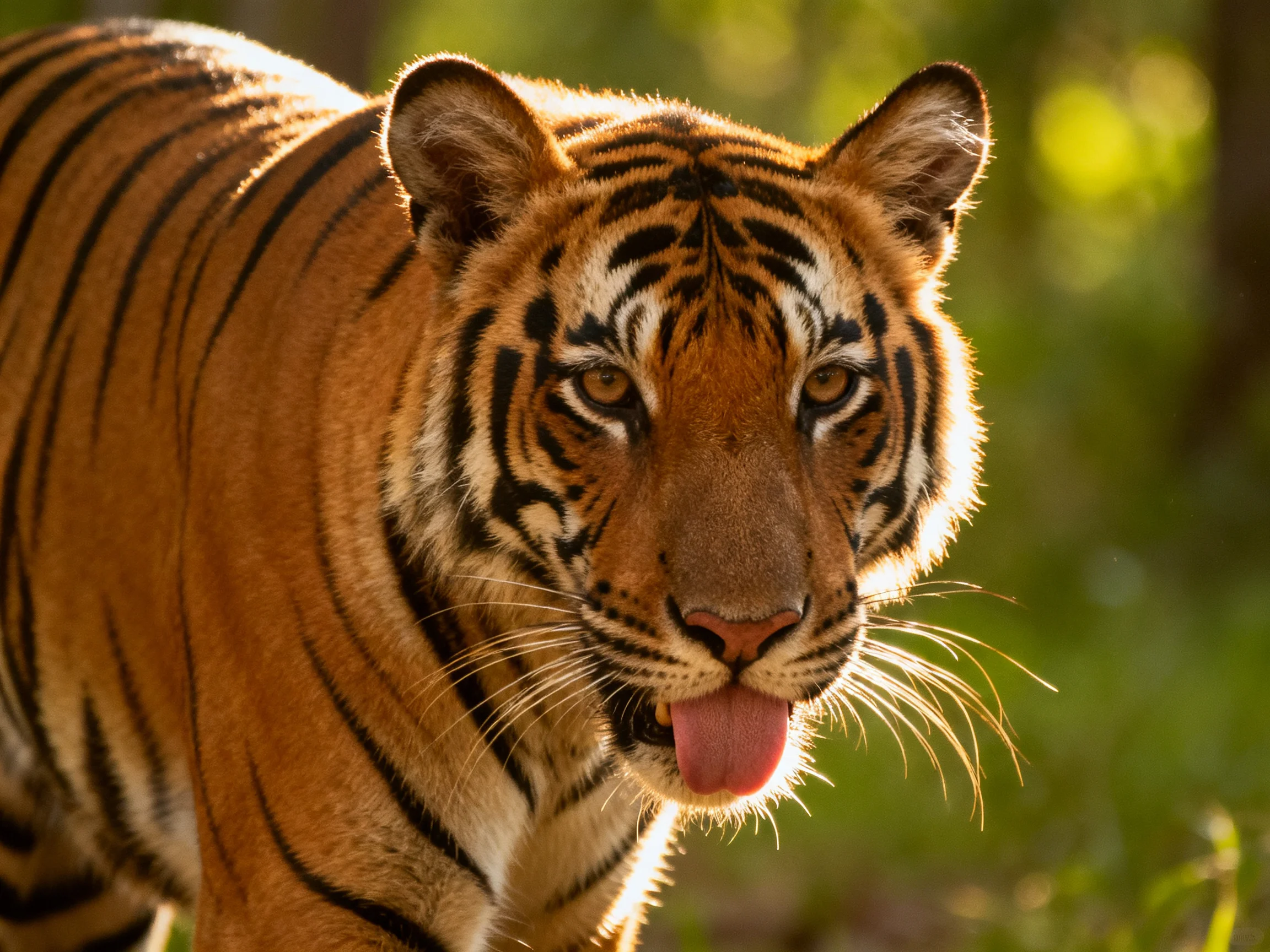 Close-up of a tiger with black stripes in a sunlit natural setting