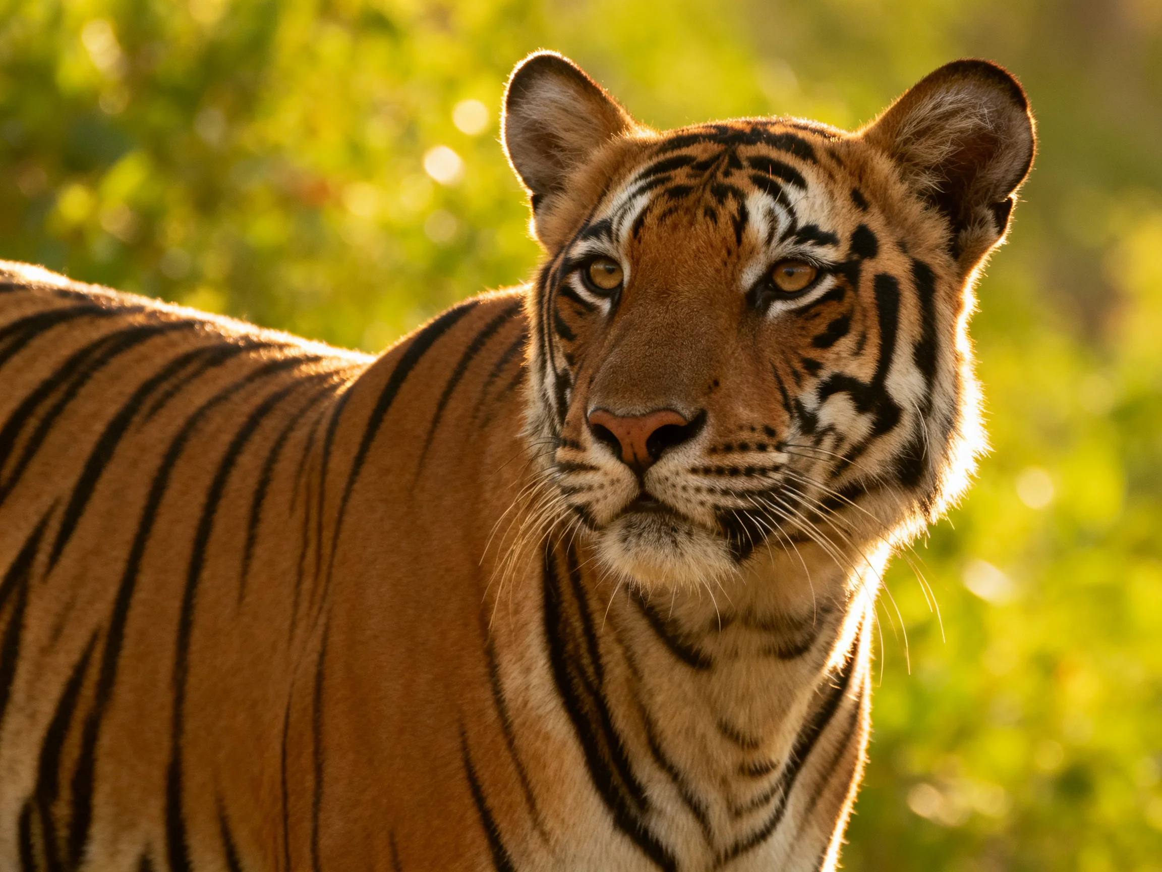 A majestic tiger with bold black stripes stands in a sunlit green forest.