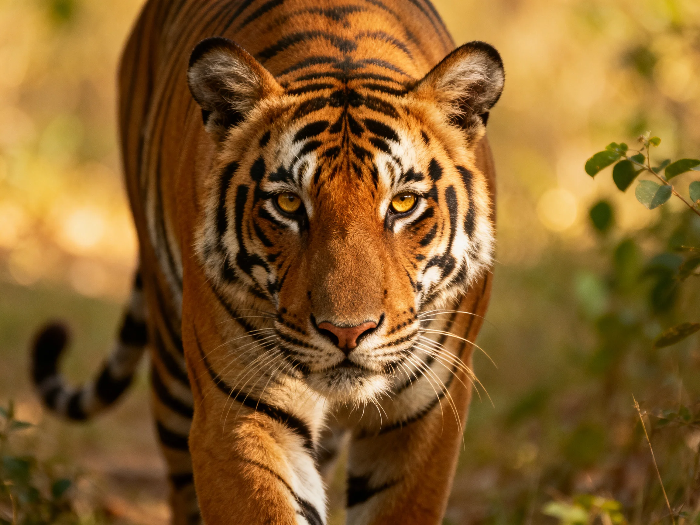 A tiger with striking black stripes approaches the viewer in a sunlit natural setting.