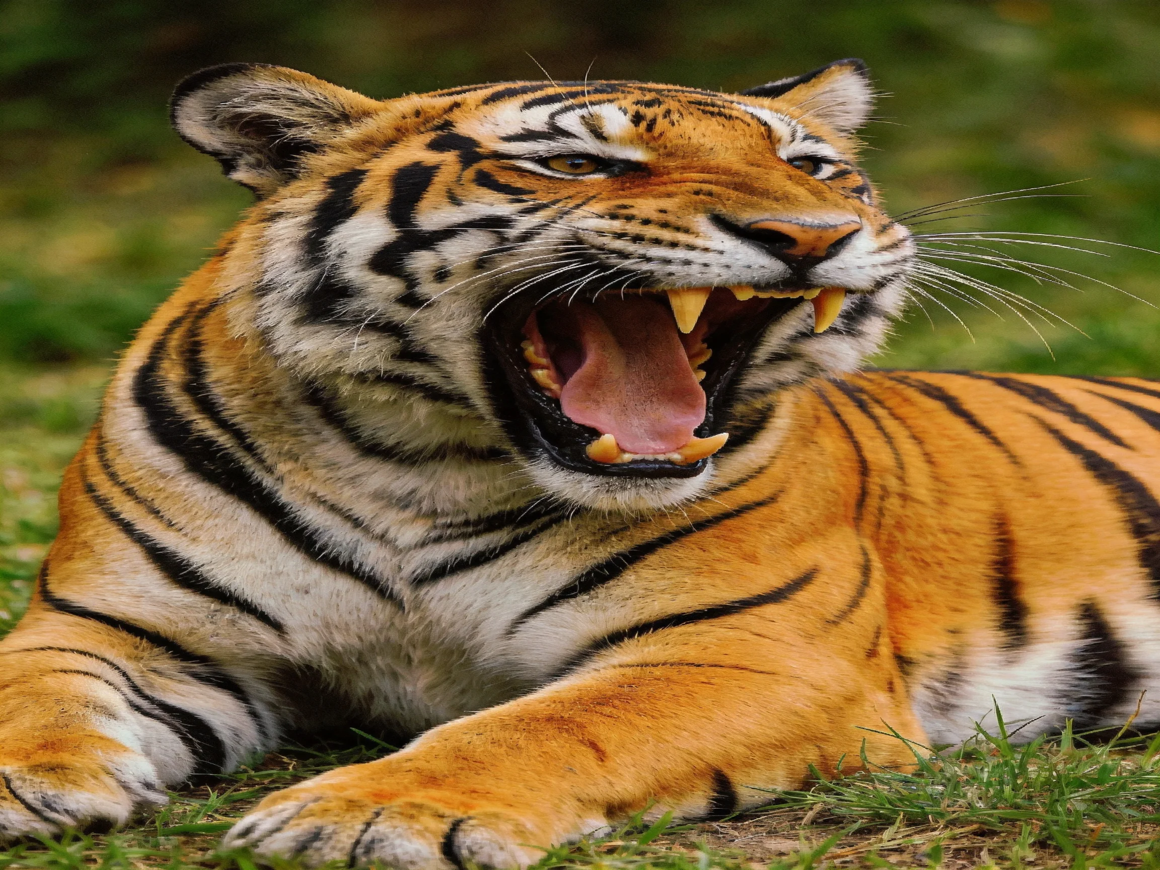 A tiger with bold black stripes lies on grass, mouth wide open.