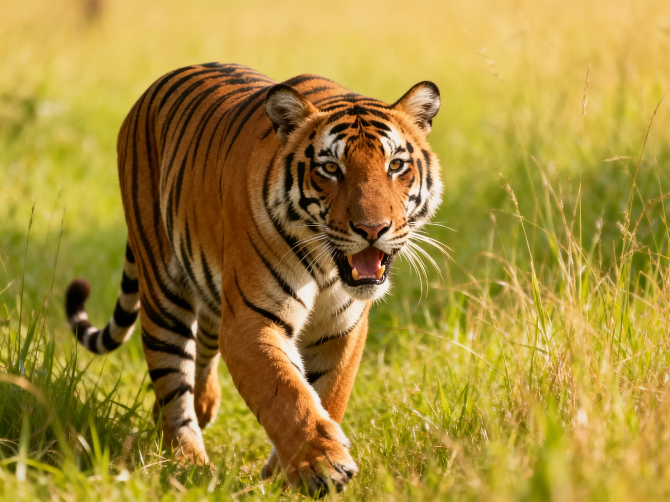 A tiger with bold black stripes roams through lush green grass.