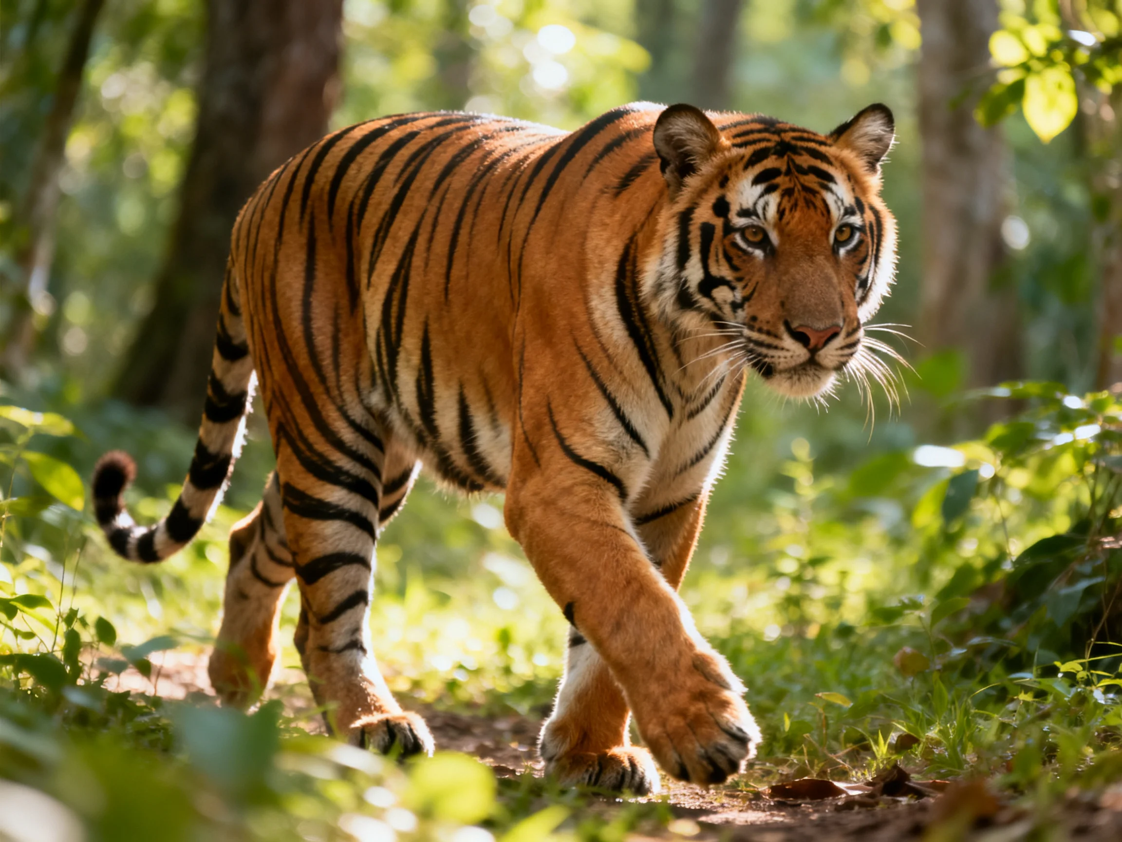 A tiger with striking orange and black markings moves through a sunlit forest.