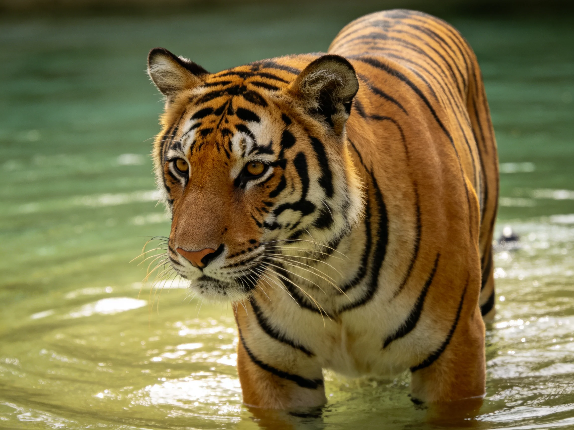 A tiger with distinctive orange and black markings moves through shallow water.