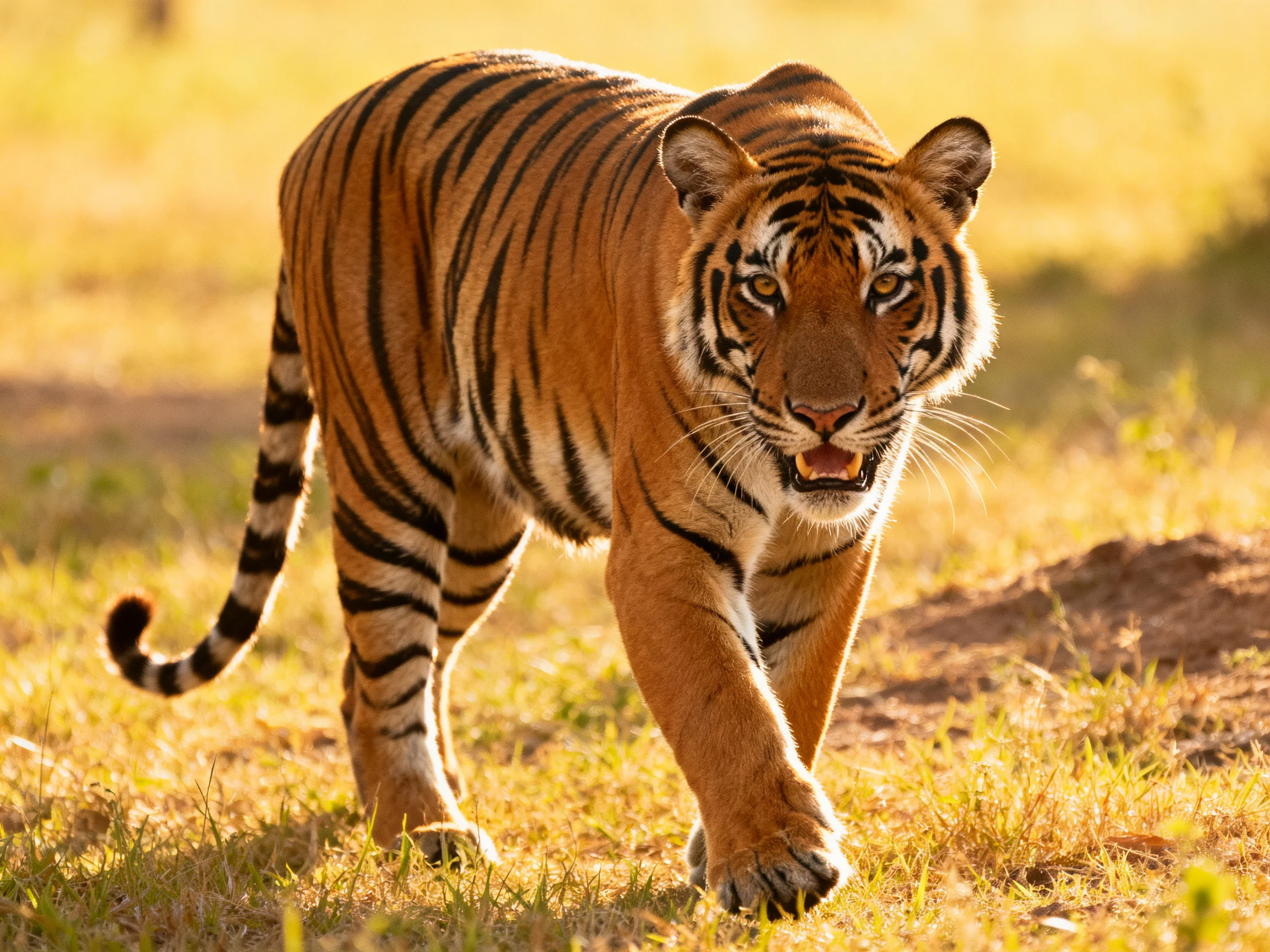 A tiger with bold black stripes moves through sunlit grasslands.