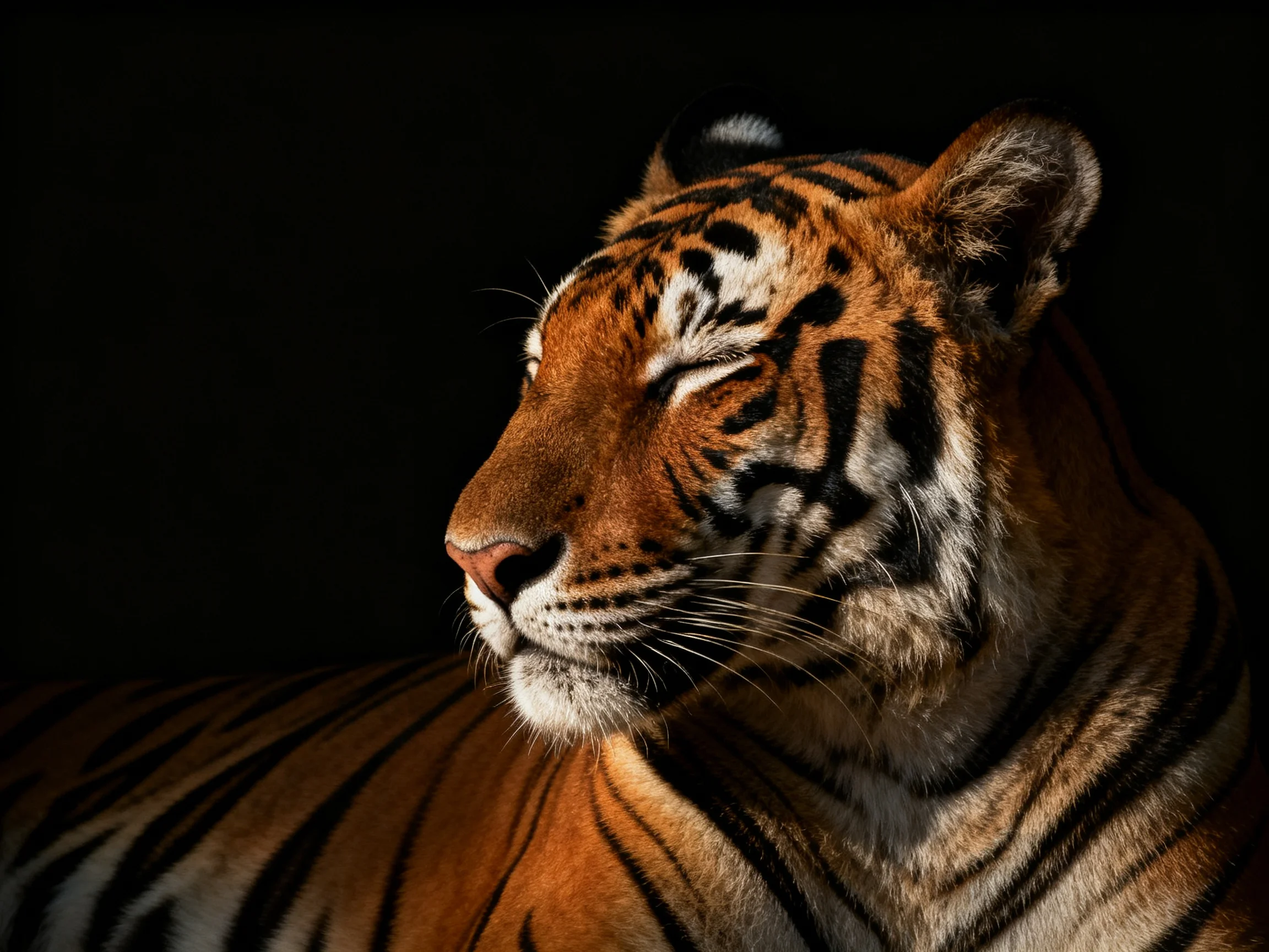 A close - up of a tiger resting with eyes half - closed, displaying its striking orange and black striped pattern.