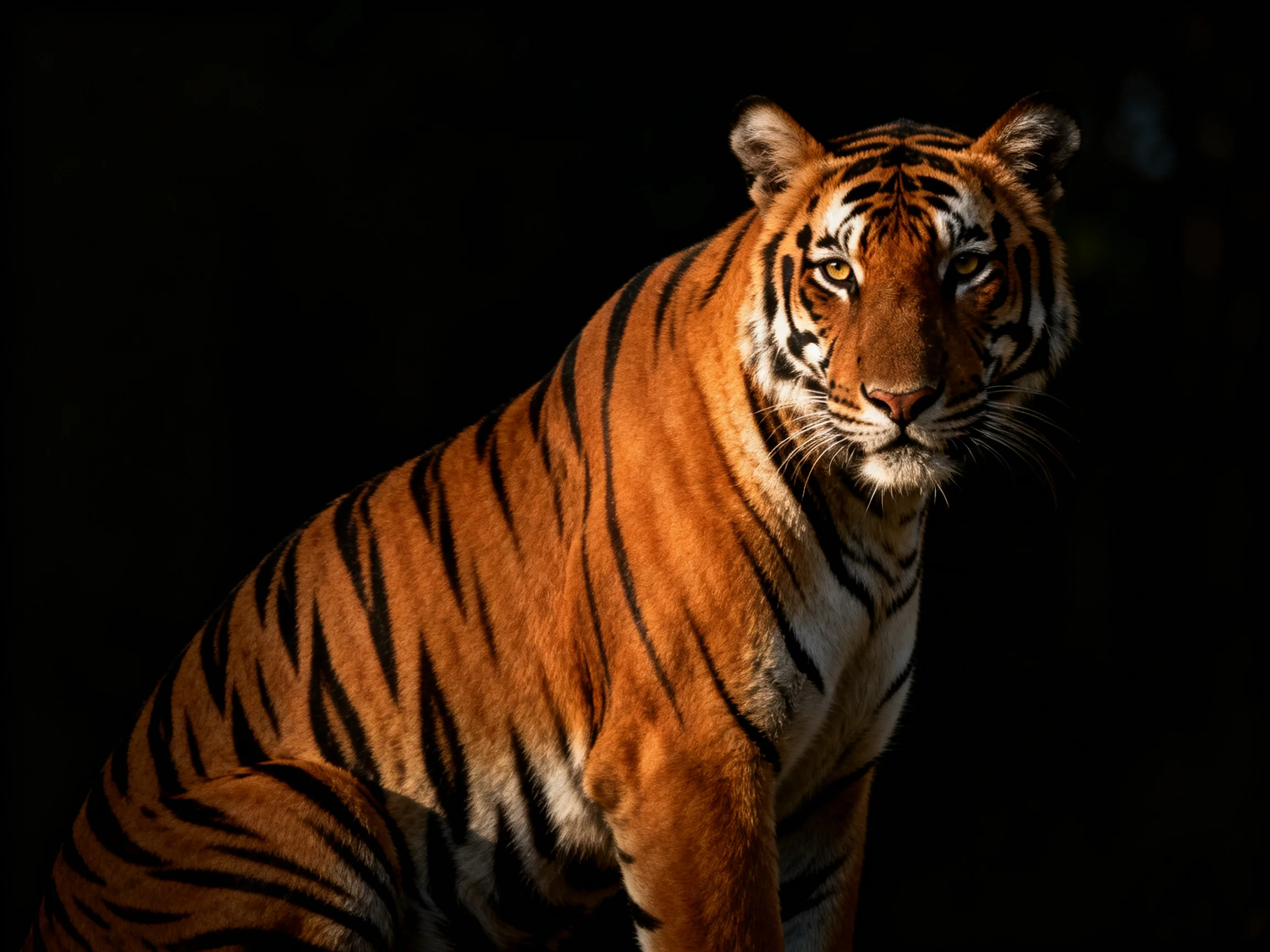 A tiger with striking orange and black stripes stands out in a dark environment.