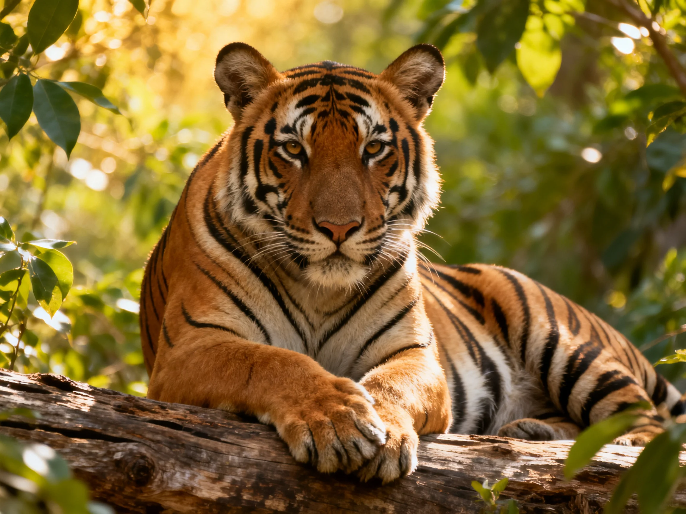 A majestic tiger with bold stripes rests on a weathered log in sunlit foliage