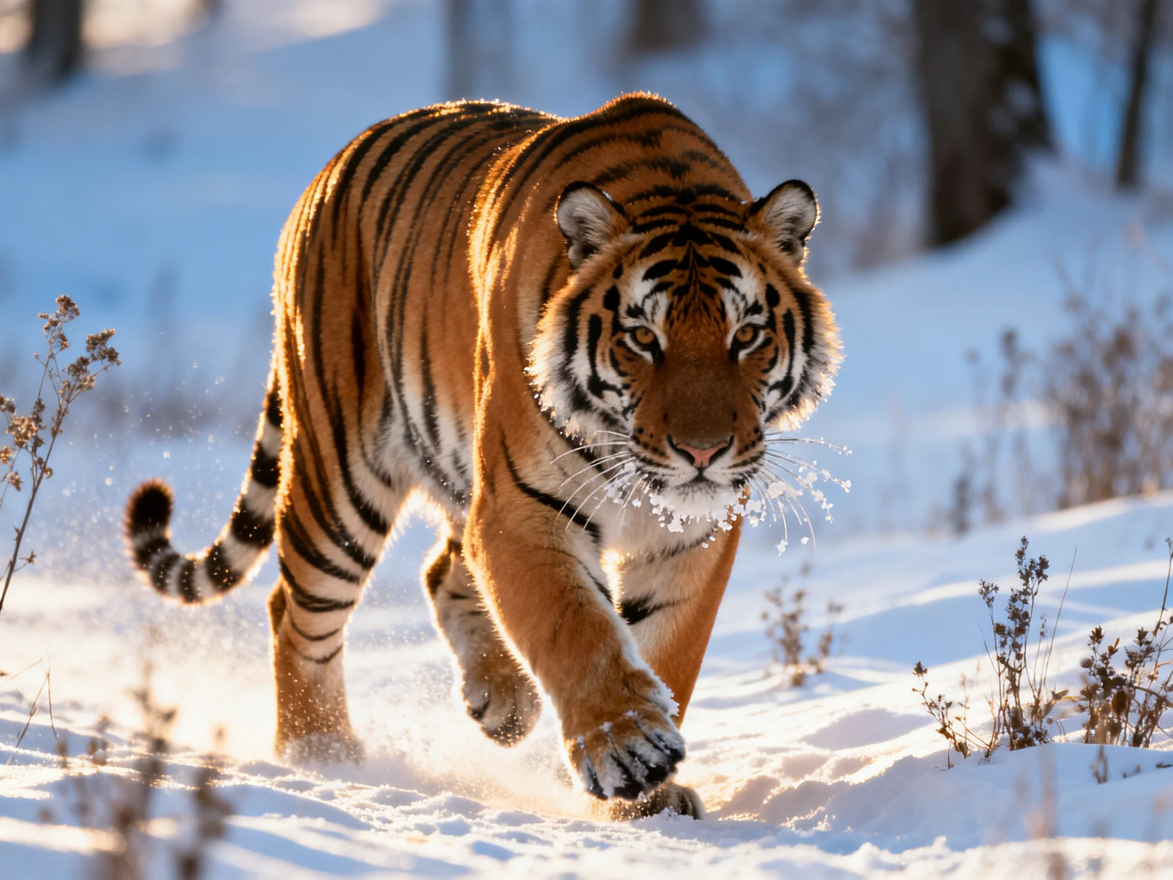 A majestic tiger with bold stripes roams a snowy terrain