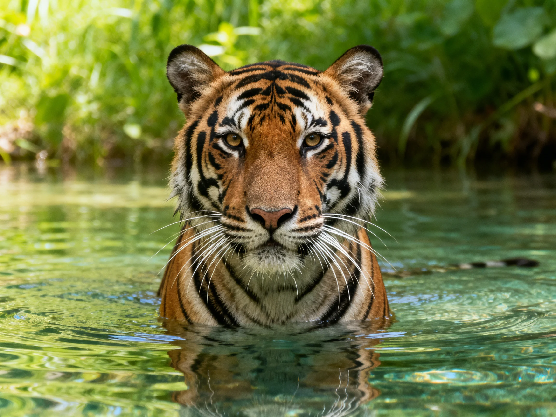A majestic tiger with orange and black stripes stands in clear turquoise water