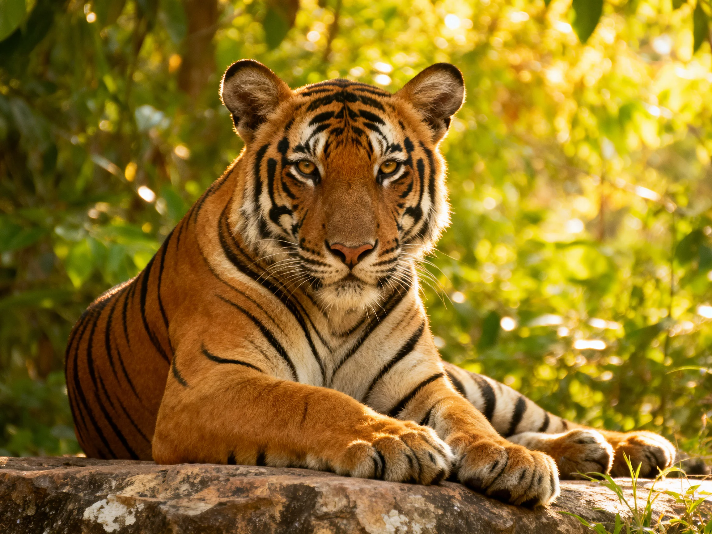 A tiger with bold orange and black stripes relaxes on a rock in a sunlit forest setting.