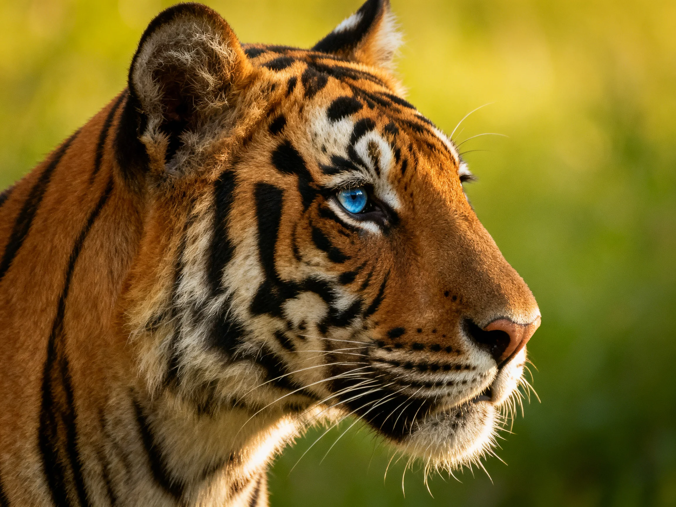 A close - up of a tiger with vivid blue eyes and distinctive black stripes against a blurred green backdrop.