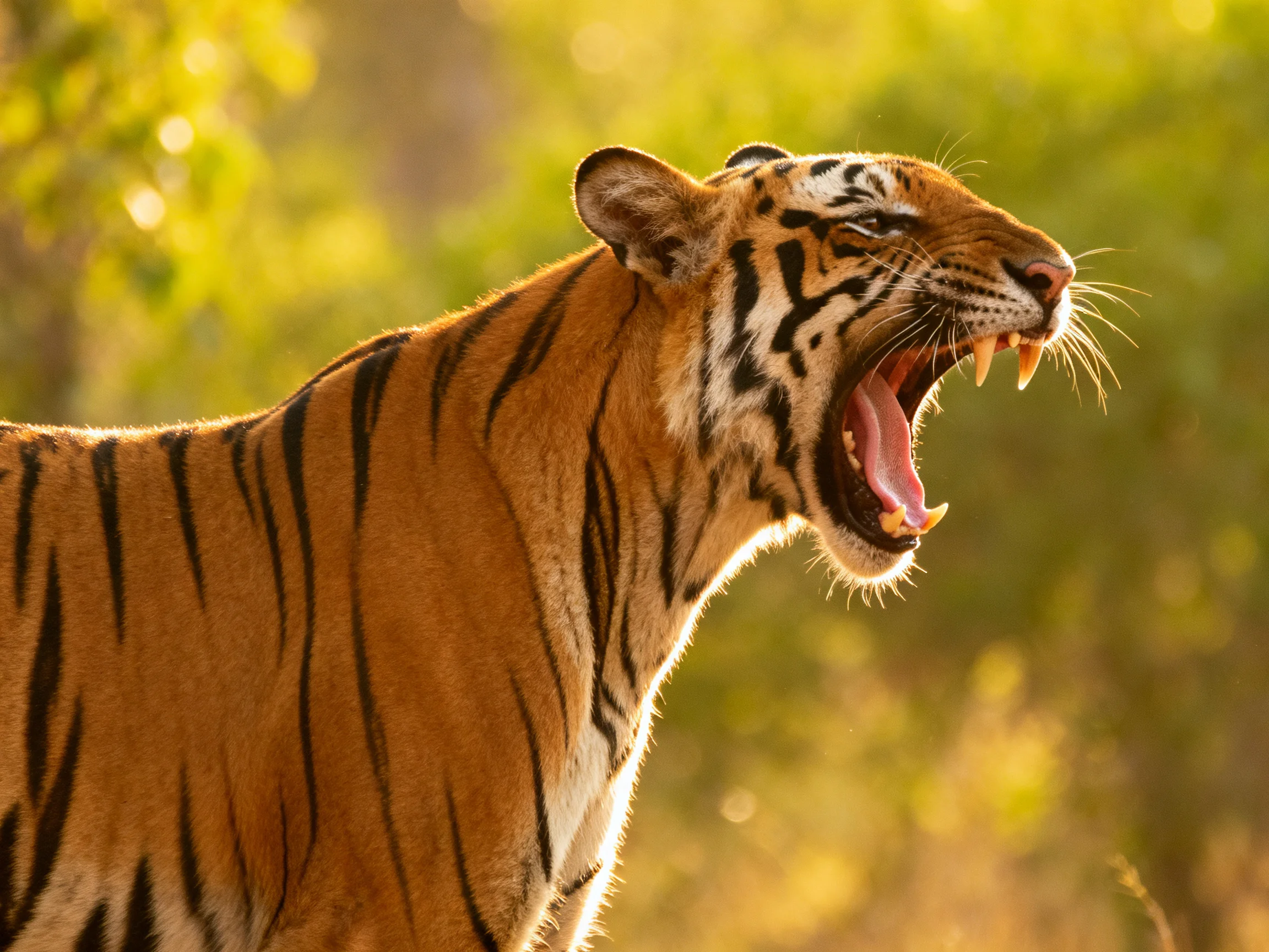 A majestic tiger yawns in a sunlit forest setting.