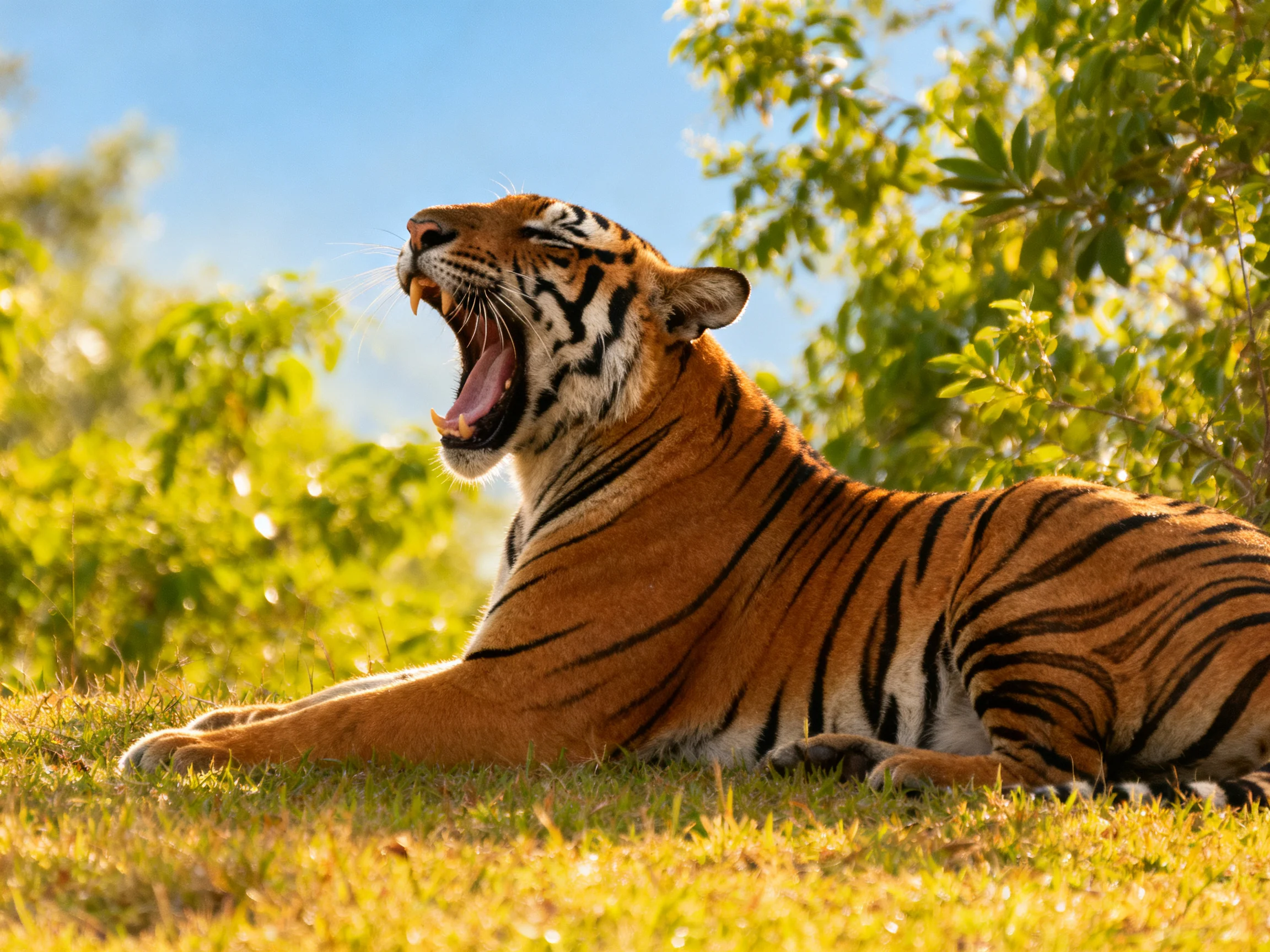 A majestic tiger yawning on sunlit green grass